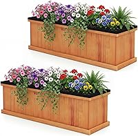 Vista 10 de Giantex Cama de jardín elevada de madera de acacia, maceta rectangular con huecos de drenaje, soporte de ventana de pie para flores, verduras