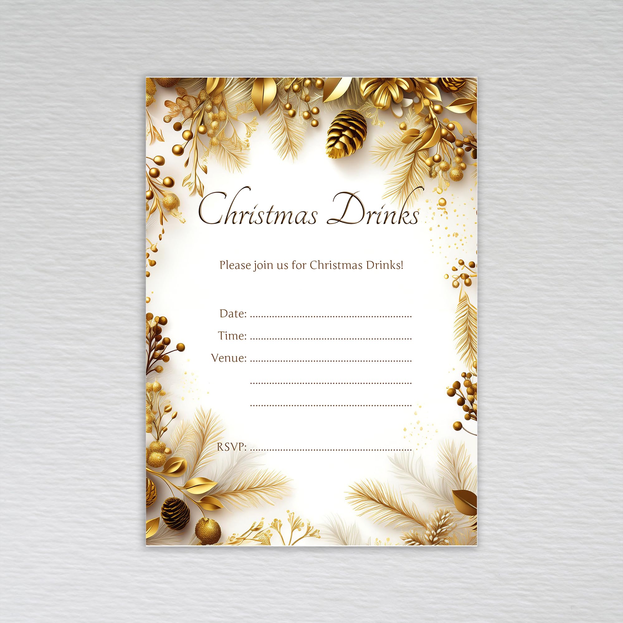 Christmas Drinks Invitations, Party Invitation Cards: Golden Berries and Cones Christmas Drinks Invites (Pack of 50 without Envelopes)