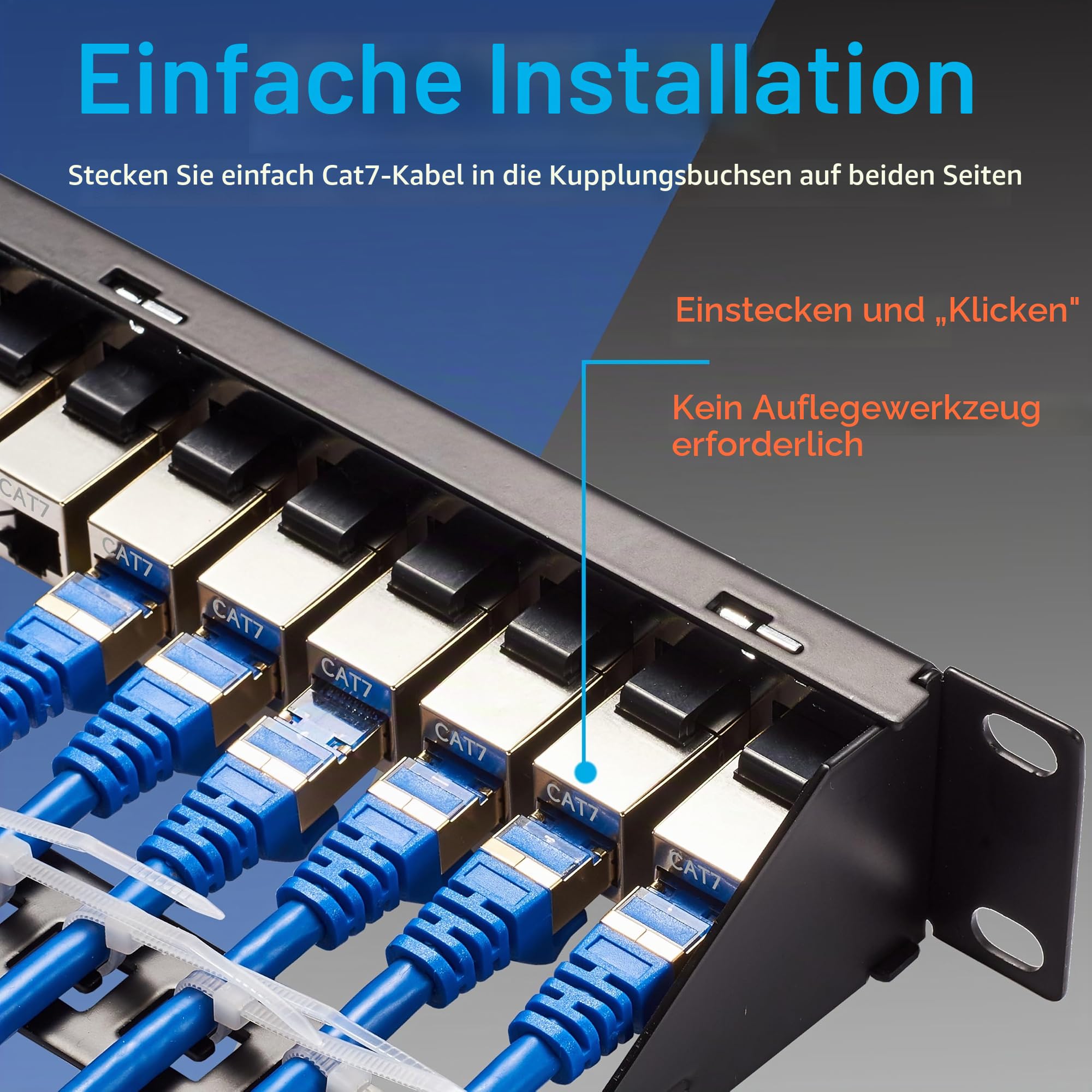 24 Port RJ45 Patchpanel Cat7 STP Feed Through, Coupler Network Panel 19 Zoll, Inline Keystone Ethernet Patch Panel mit Back Bar