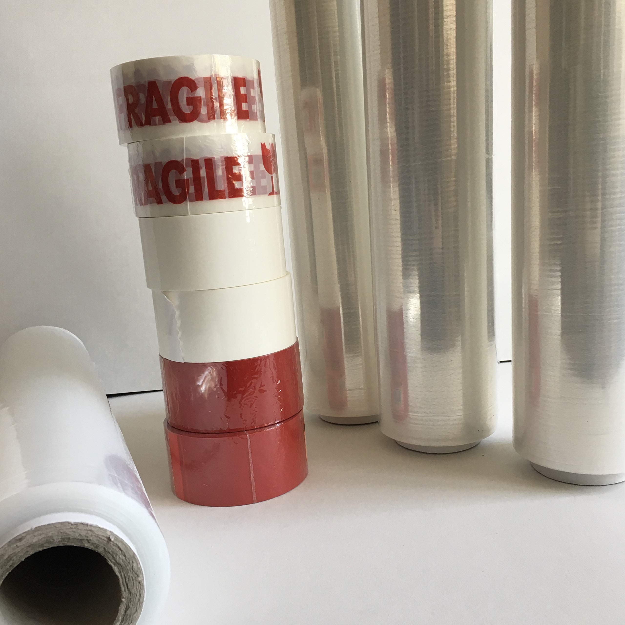 6 BOBINE Pellicola Film in Polietilene per Imballo Imballaggi H 50 cm in Rotolo da 400 mtl spessore 23 micron peso 2,4 kg + 6 ROTOLI NASTRO ADESIVO 50x66 (2FRAGILI+2ROSSI+2BIANCHI PPL SILENZIOSO)