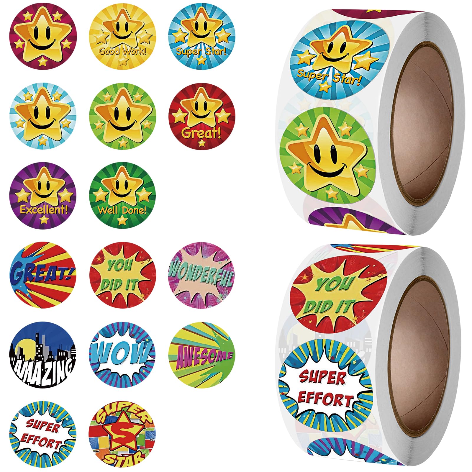 1000PCS Reward Stickers,Star Stickers,Smiley Face Stickers, Well Done Stickers, Teacher Stickers, Colourful Gold Star Stickers for Reward Chart, Incentives Stickers(2 Roll)