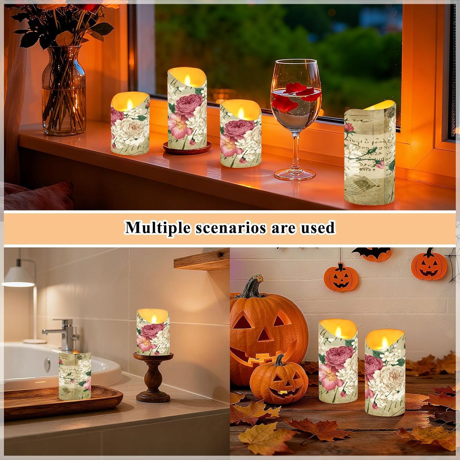 Flameless Candles Set of 2 Vintage Rose Floral Realistic LED Candles with Remote Battery Operated Holiday Decorations