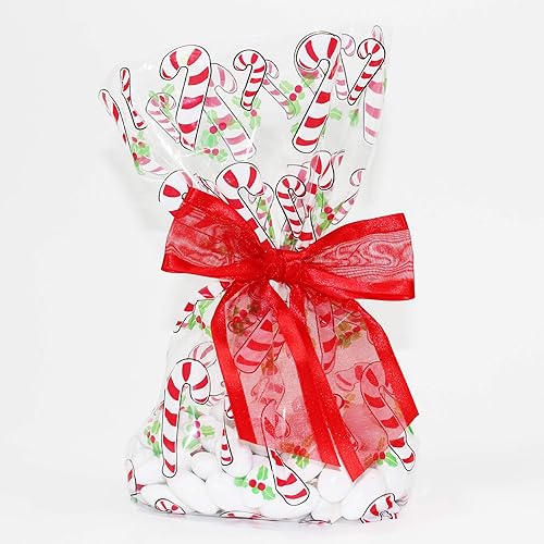 Saybrook Products Candy Canes Christmas Holiday Cellophane Treat Party Favor Bags with Twist-Tie Organza Bow. Set of 10 Ready-to-Use, Gussetted