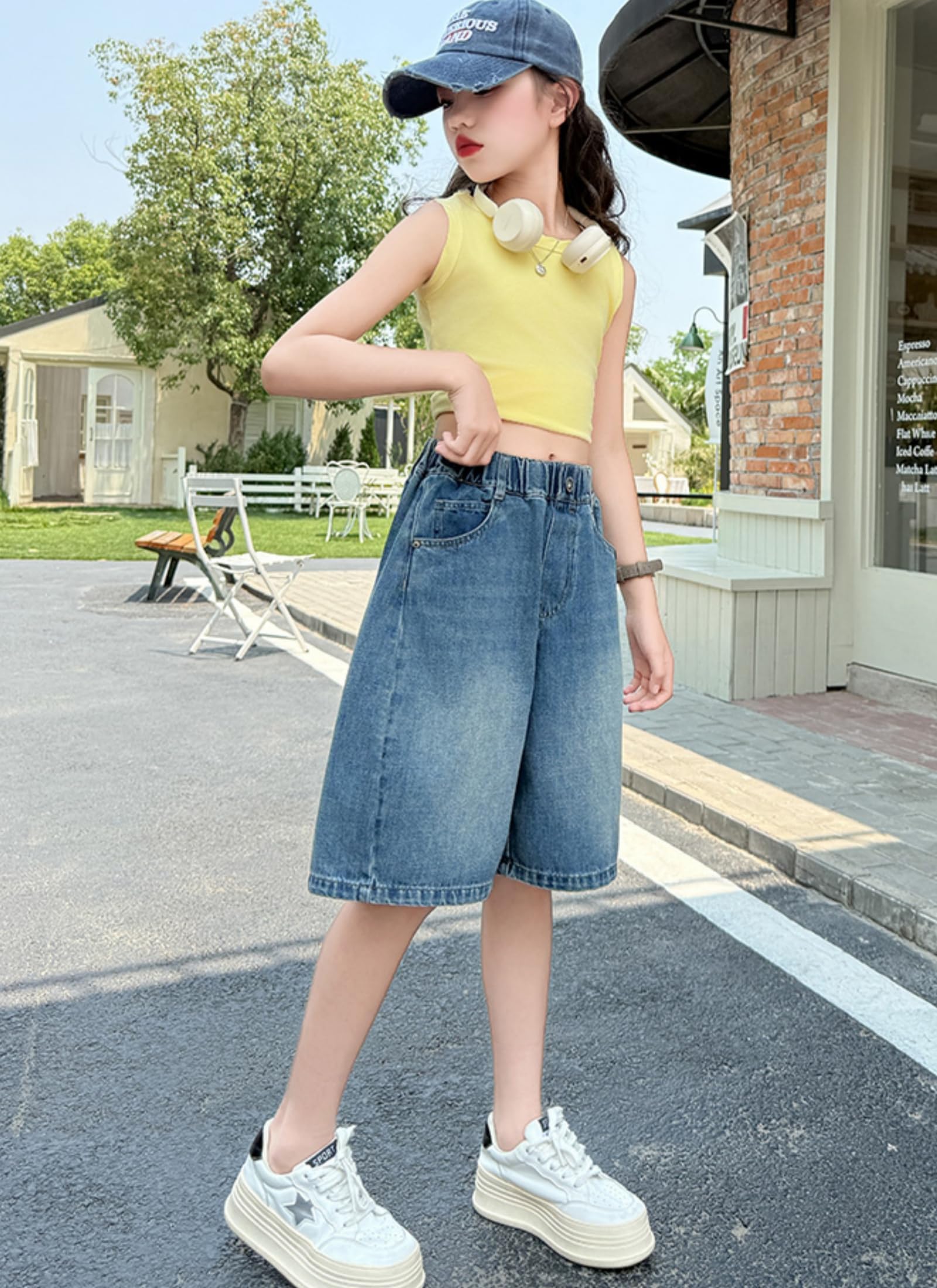 Rolanko Pantalones Cortos Vaqueros para Niñas, Cintura Elástica Bermudas Pierna Ancha Pantalones Cortos de Verano hasta La Rodilla