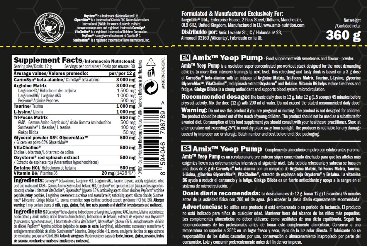 Amix- Black Line- YEEP PUMP NO CAFF - 360 GR - PRE-ENTRENO - Sabor Jungle Monster