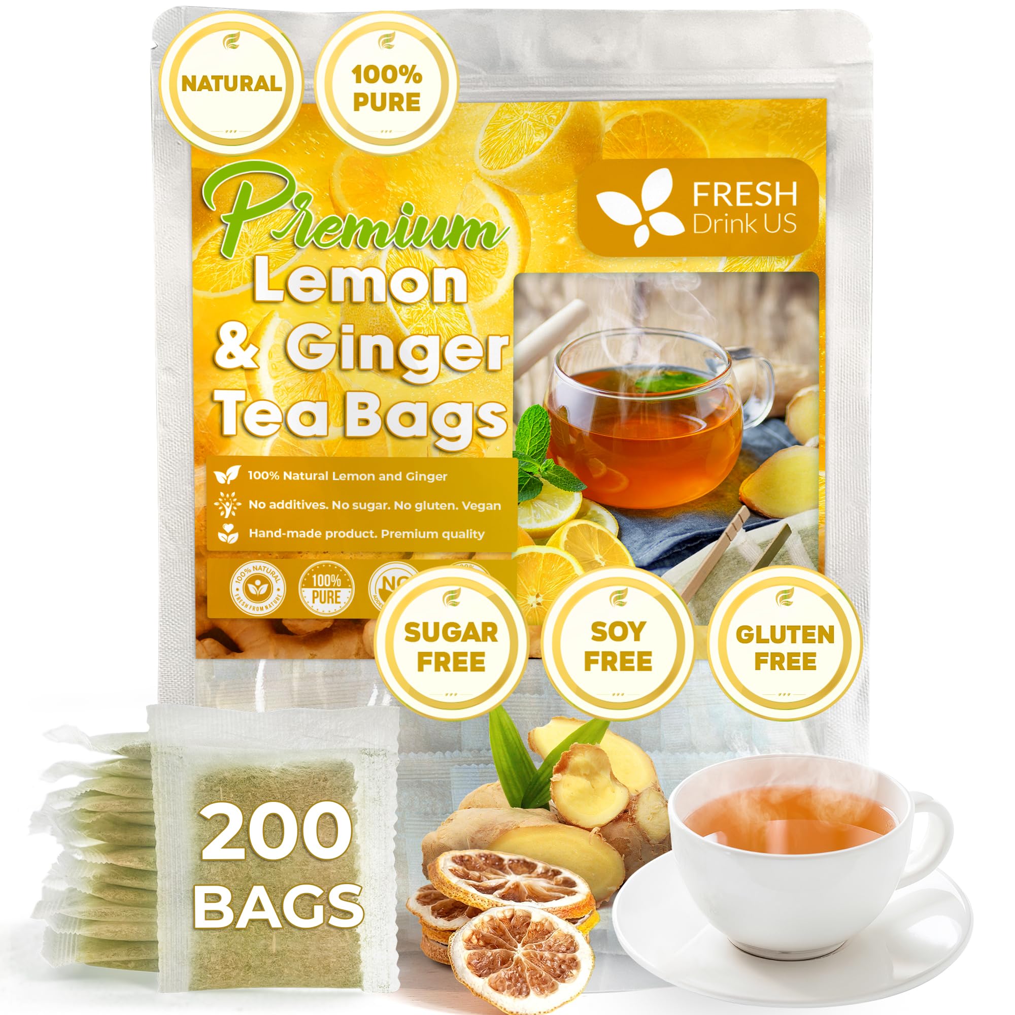 FreshDrinkUS, Premium 200 Lemon Ginger Tea Bags, 100% Natural Ingredients, Hand-made Blend of Lemon and Ginger, Eco-conscious Tea Bags. Lemon Ginger Herbal Tea. No Sugar, No Caffeine, Vegan.