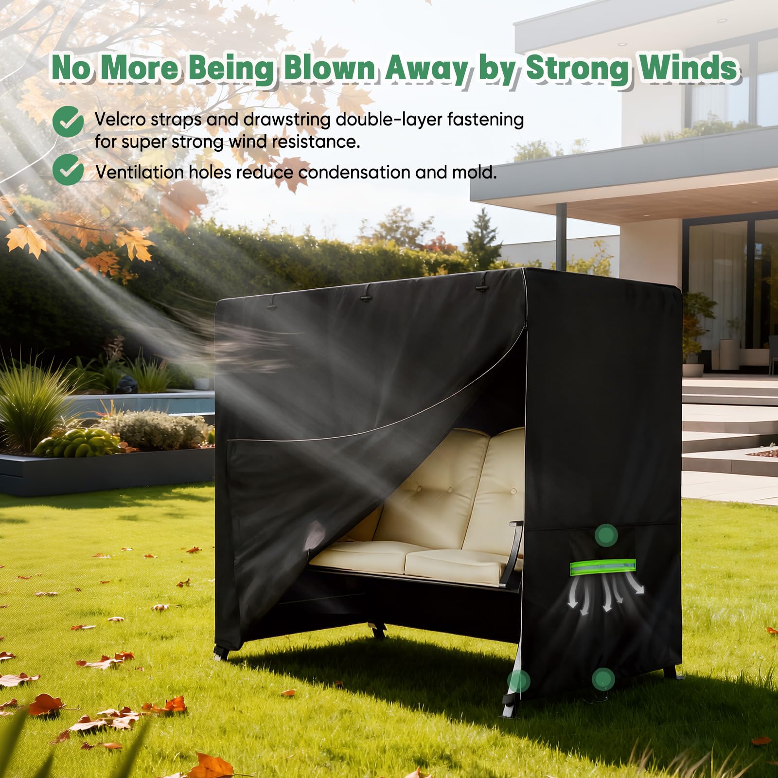 NEVERLAND Housse Balancelle 3 Places - Imperméable 600D Oxford Housse de Protection pour Balancelle de Jardin avec Fermeture Éclair, Anti-UV, Coupe-Vent, 220x150x150cm, Noir