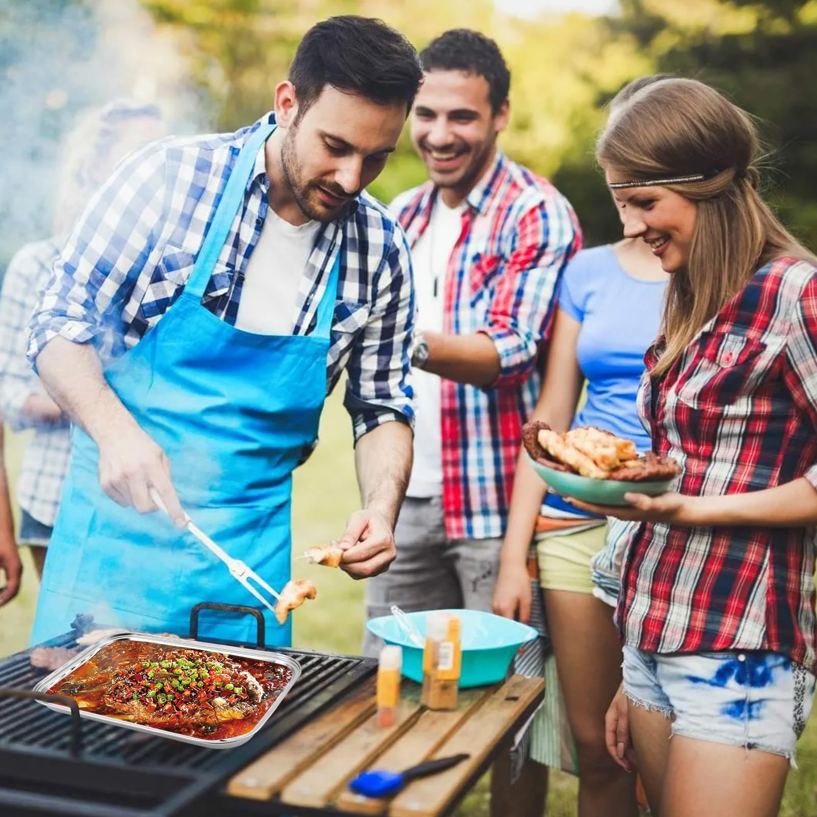 3 Cuencos para Barbacoa de Acero Inoxidable Reutilizables para Verduras, Carne y Pescado, Accesorios para Parrilla de Gas o Carbón, Cesta de Barbacoa con Agujeros, 34,5 x 24 x 2 cm