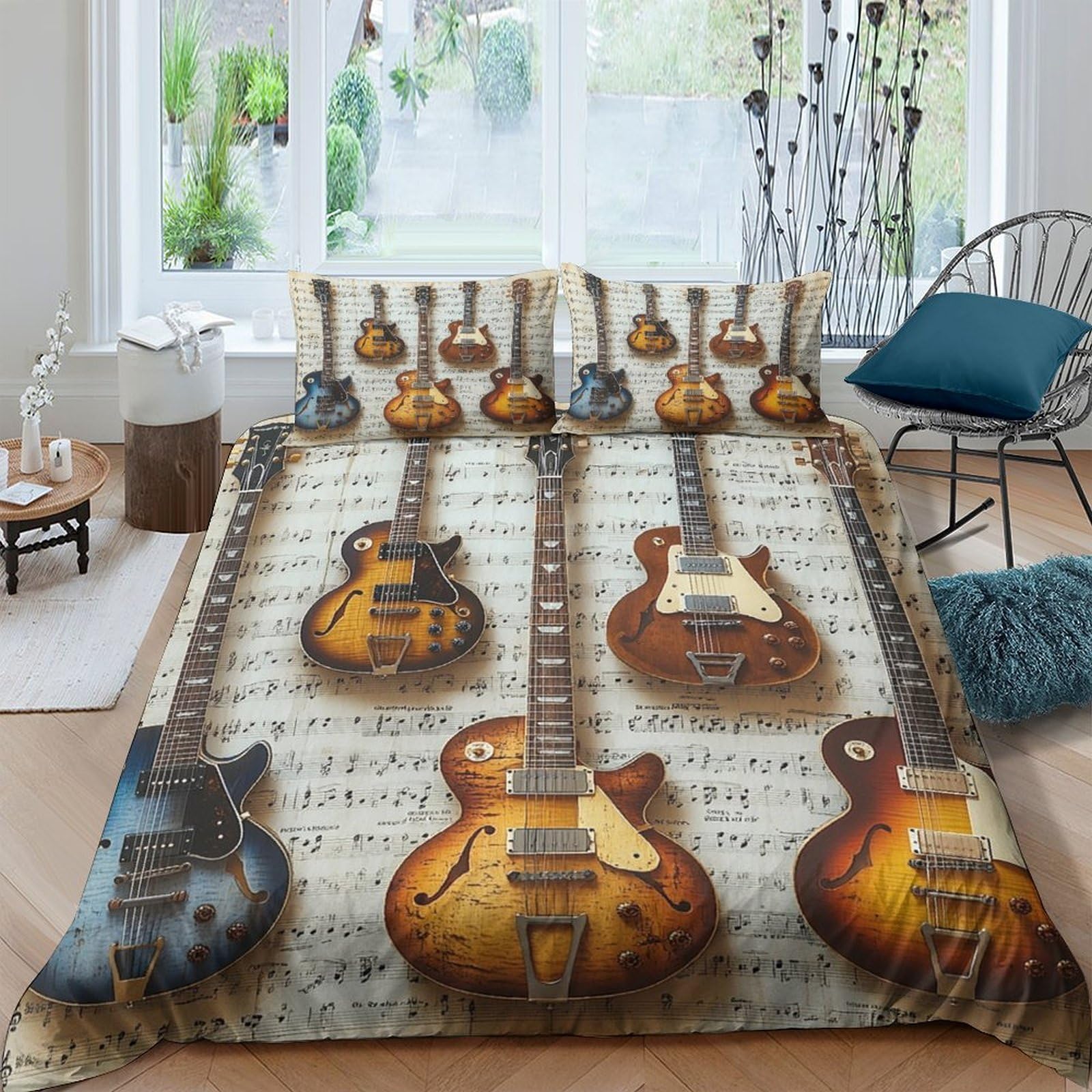 Ctjqhvkz Style-5 3D Printed Vintage Guitar Fitted Sheet Microfiber Soft Breathable Music Note Mattress Cover For Bedroom Dorm Decor Single（135X200cm）