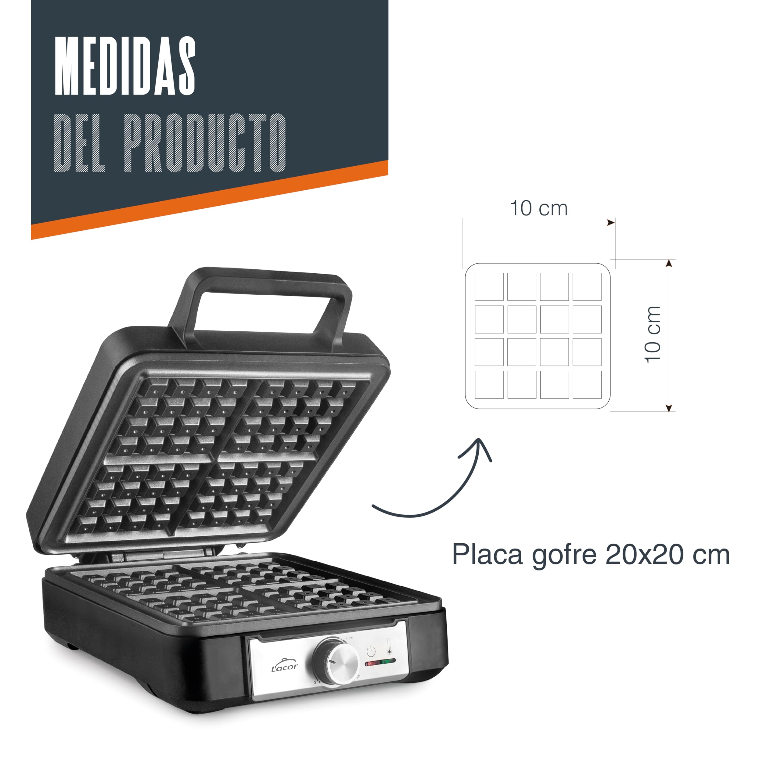 Lacor 69434 - Gofrera Eléctrica para 4 Gofres Gante, 25 x 32 x 12 cm | Para un uso práctico y profesional en cocina; antiadherente fácil de limpiar, libre de BPA, práctico y fácil de guardar