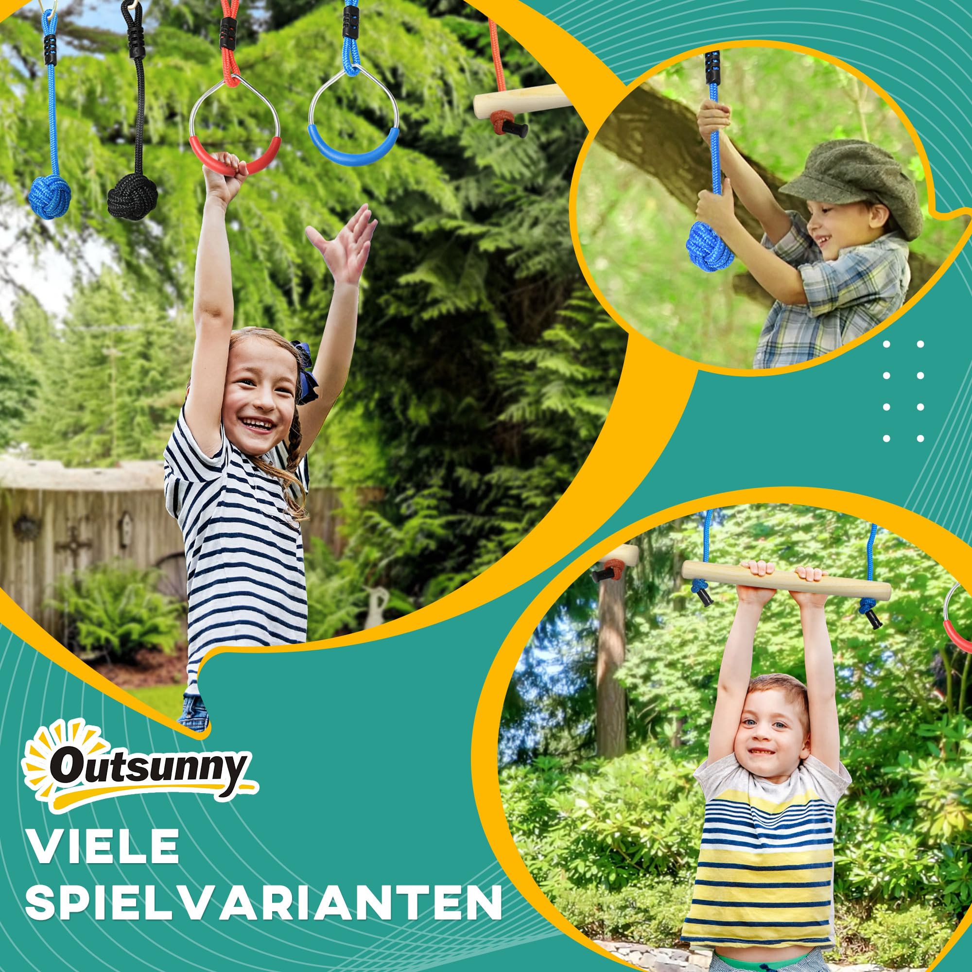 Outsunny Ninja Line Kinder 10m Slackline Set mit Hindernissen, Klettergerüst, Turnringe, Baumschutz, Outdoor Spielset Ausrüstung für 3-6 Jahre Kinder Mehrfarbig