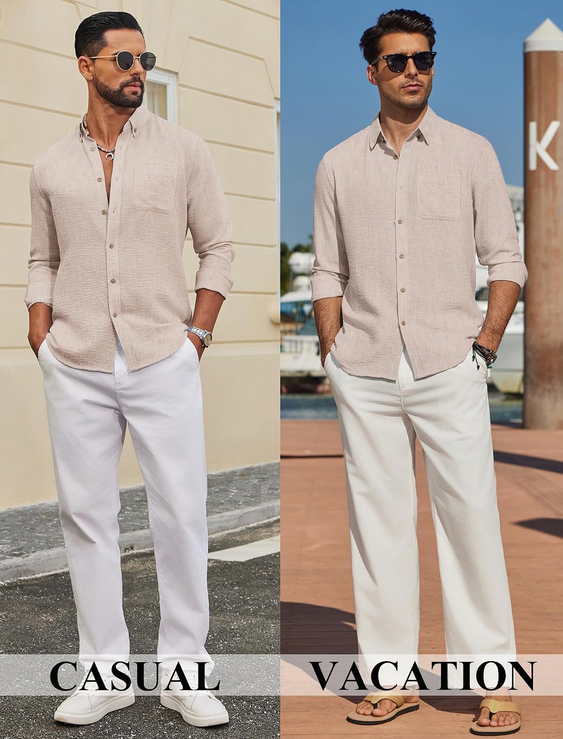 COOFANDY Men's Long Sleeve Button Down Shirt Casual Untucked Shirts Summer Beach Wedding Linen Textured Shirts