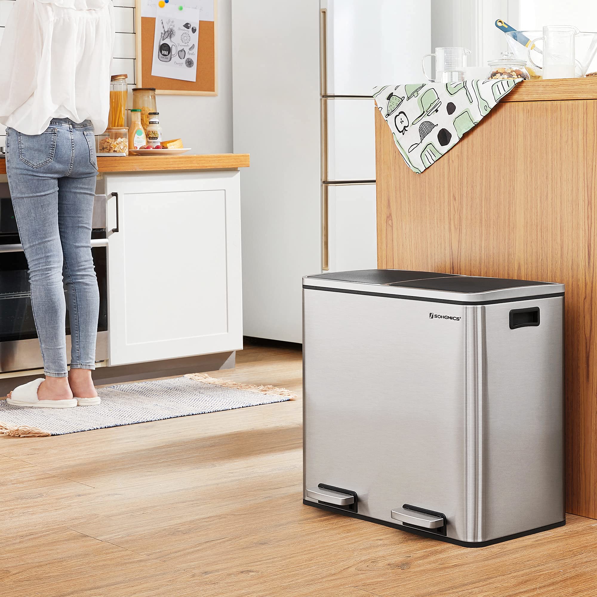 SONGMICS Dual Trash Can, 12.7 Gallon (2 x 24L) Recycling Rubbish Bin, with Lid, Inner Buckets