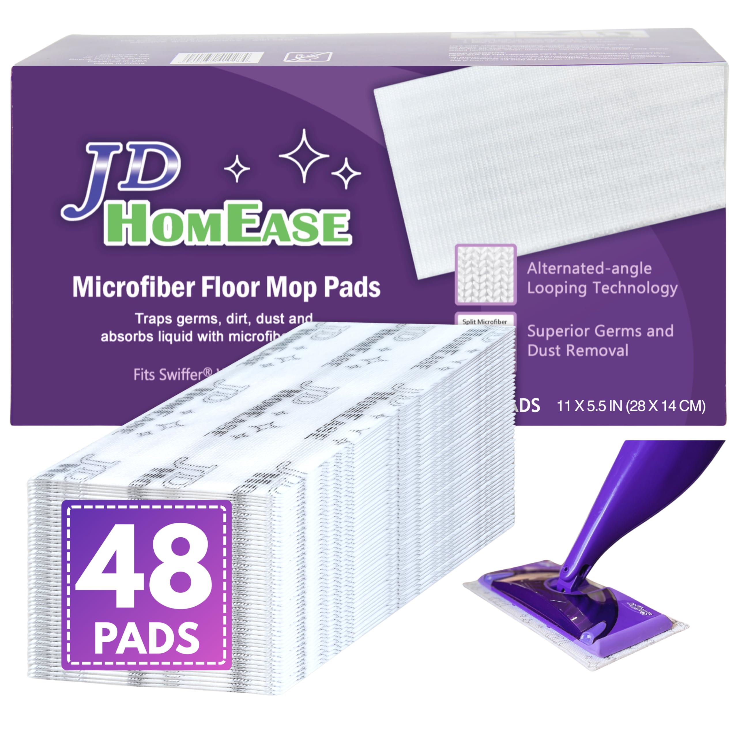 JD HOMEASE 48 Pack Premium Microfiber Replacement Pads for Swiffer WetJet - Super Absorbent, Lint-Free, Durable-11"x5.5", Perfect Fit Swiffer WetJet Mop - Safe on Hardwood, Tile, Vinyl