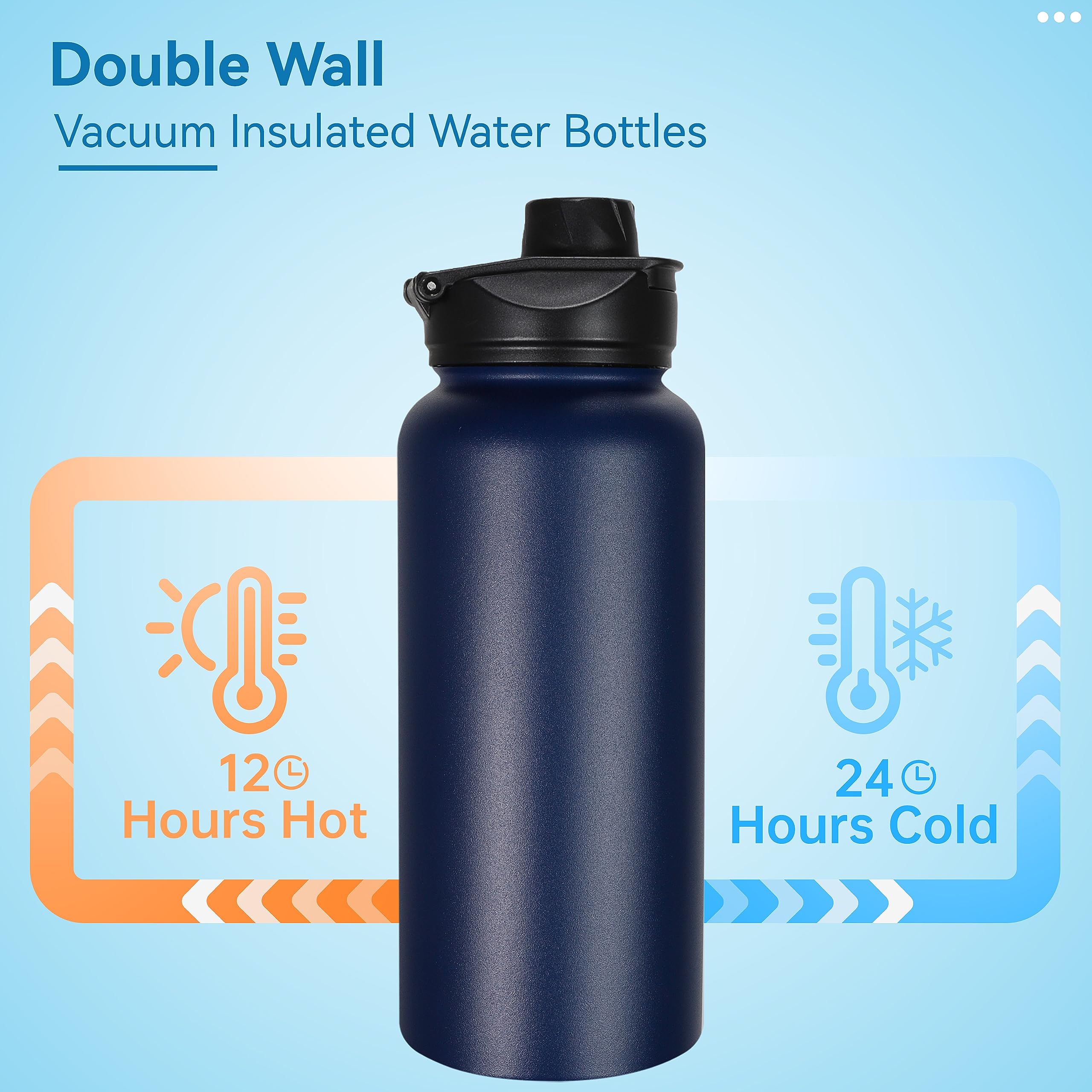 VEGOND Botella de agua aislada de 32 onzas a granel, botellas de agua deportivas de acero inoxidable con tapa de popote a prueba de fugas y tapa de boquilla, boca ancha, taza de viaje al vacío de