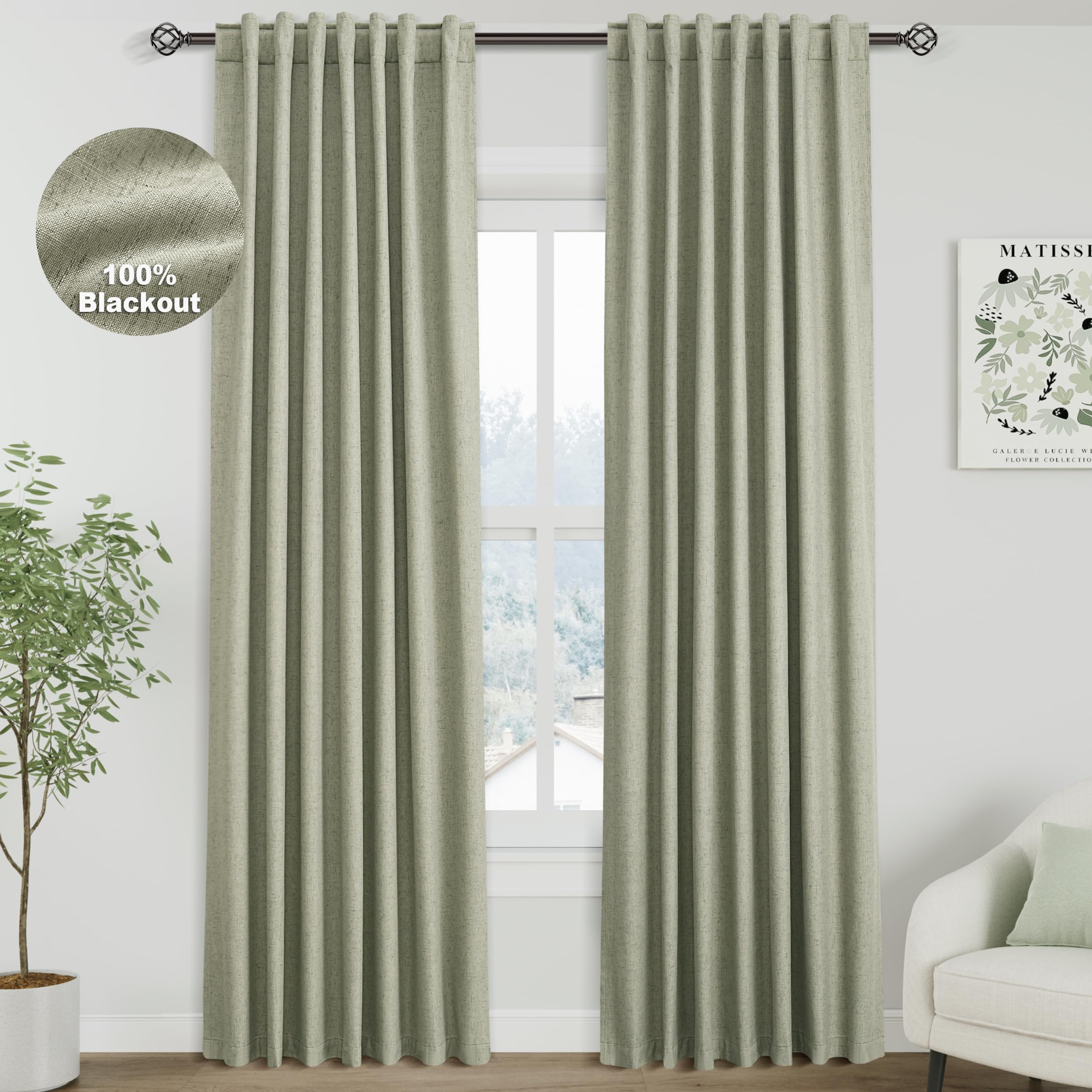 Nanspring Sage Green Linen 100% Blackout Curtains 84 Inch Length 2 Panels Set for Bedroom Back Tab Farmhouse Decor Coastal Black Out Curtain for