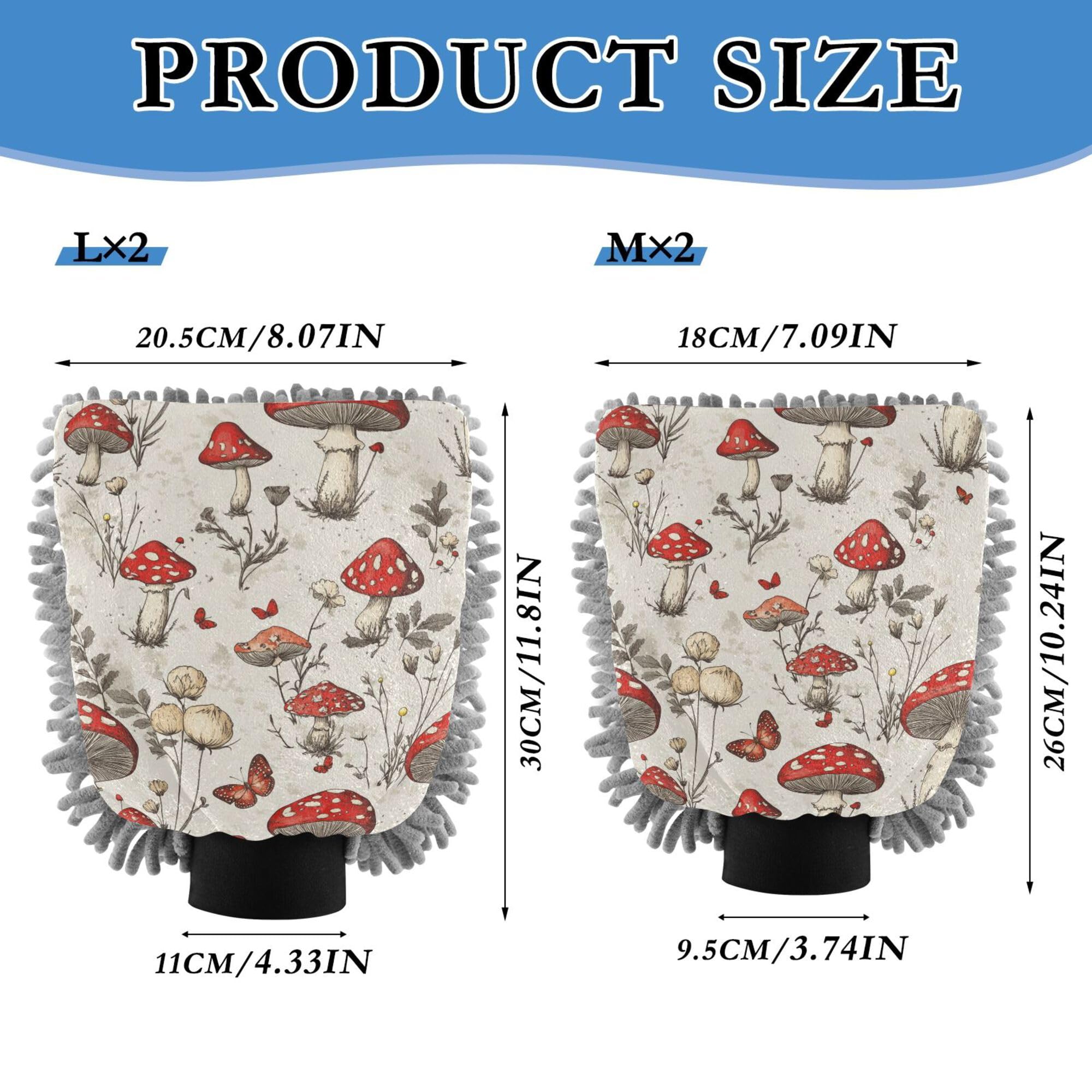 Red Mushrooms Flowers Retro Beige Wash Mitten for Cars 2 Pack Gloves for Cars Washing Scratch Free Detailing Sponge for Auto Supplies