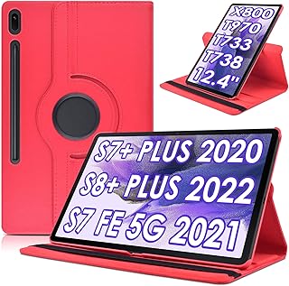 DETUOSI Rotating Cover for Samsung Galaxy Tab S7 FE 5G Case 12.4" 2021 (SM-T730/T736B) & Galaxy Tab S7 Plus Case 12.4" 2020 (SM-T970/T975),【Auto Sleep/Wake】 Galaxy Tab S7 FE Book Cover 360° -Red