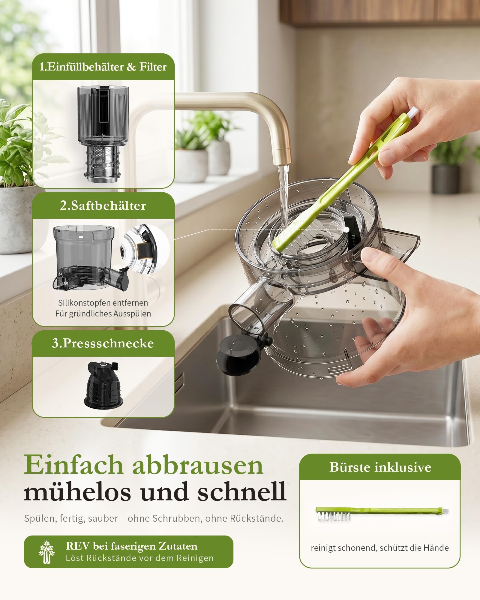 Entsafter Gemüse und Obst Testsieger, Slow Juicer, 130 mm | Hochwertiges BPA-freies Tritan, großer 1,5-L-Einfüllbehälter, hohe Saftausbeute und mühelose Reinigung