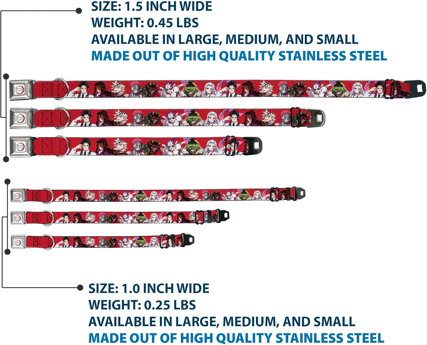 Aniplex of America Pet Collar, Dog Collar Metal Seatbelt Buckle, Demon Slayer Eight Demons Poses Red, 15 to 24 Inches 1.0 Inch Wide