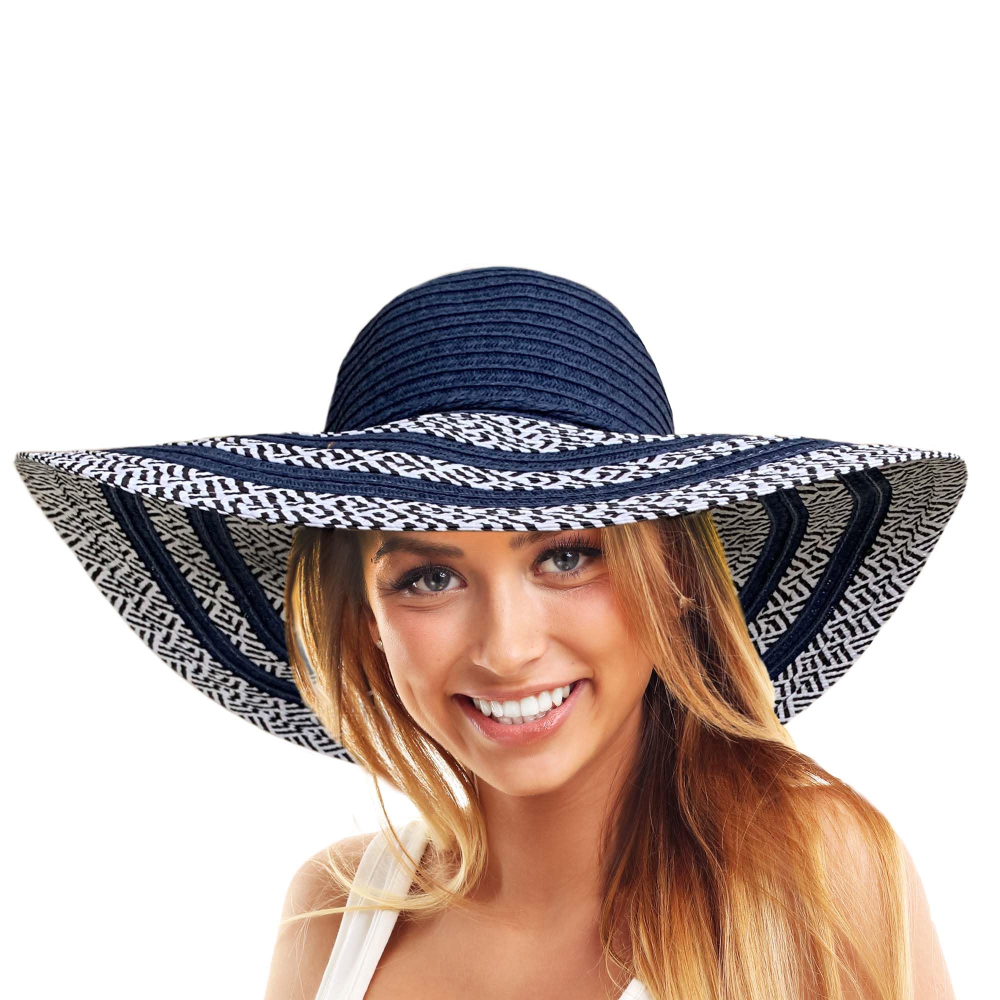 TOSKATOK Ladies Wide Brimmed Floppy Straw HAT (Navy Stripe)