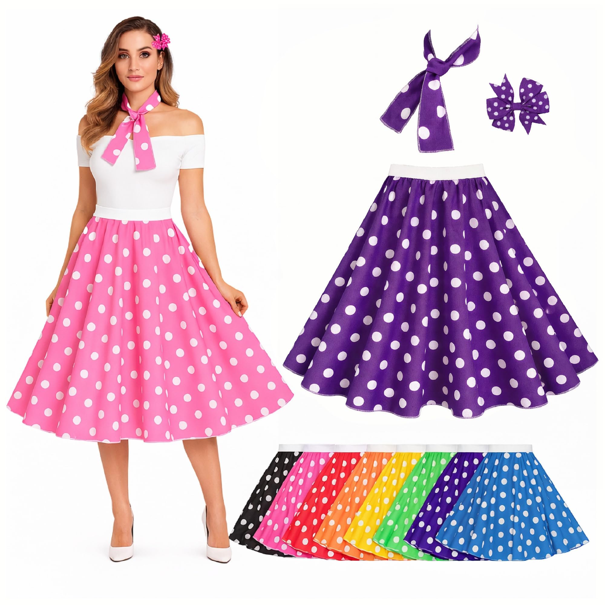 Isp Inspired Costumes Purple And White Polka Dot Rock N Roll Skirt 50S Fancy Dress Costume Skirt With Necktie And Hairbow (Uk, Alpha, Xl, Xxl, Regular, Regular, )