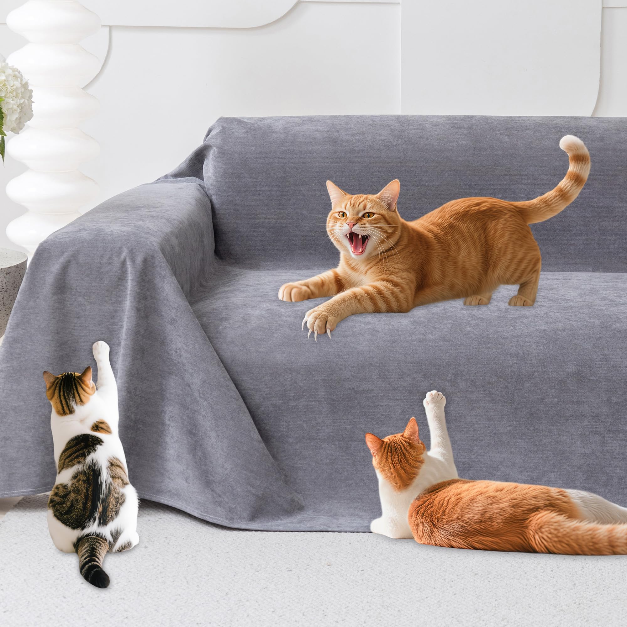Cat Scratch Furniture Protector - Anti-Slip, Waterproof Sofa Cover to Keep Cats Off, Pet-Friendly Couch Protectors for 3 Cushion Couch, Gray Anti-Scratch Couch Cover for Pets and Kids 134"X71"