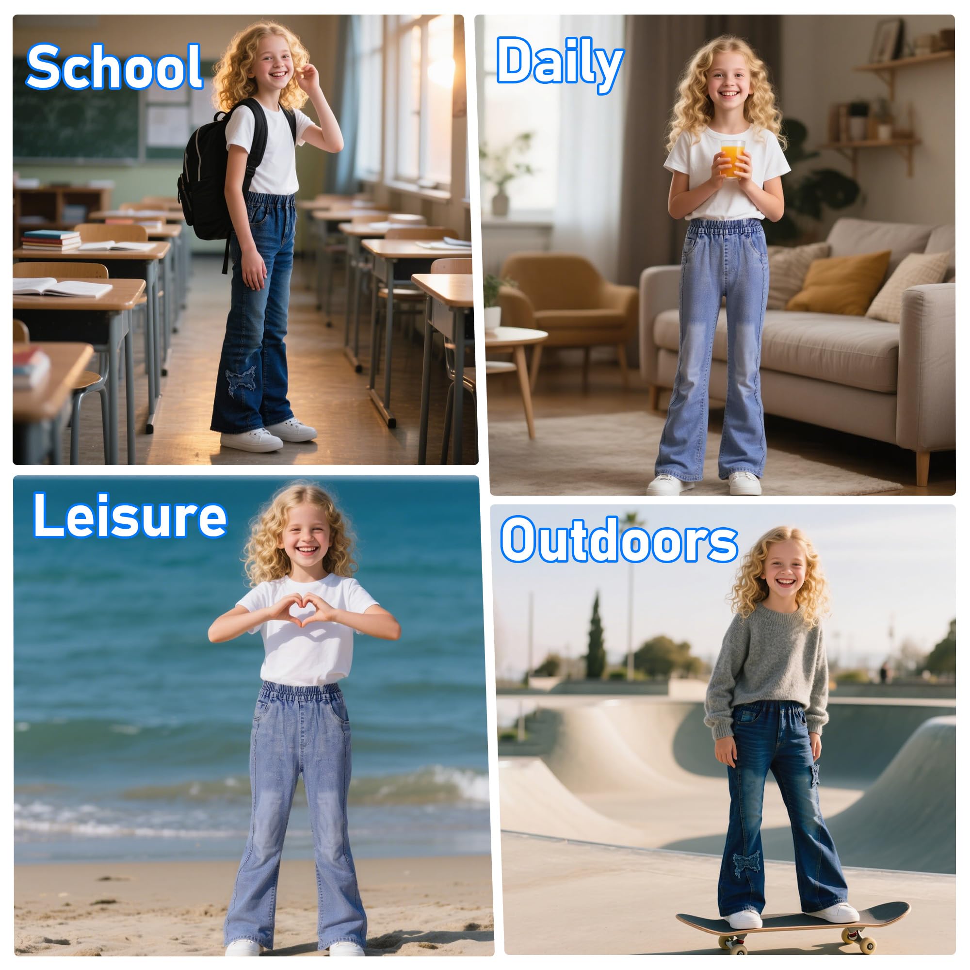 Vaqueros para Niñas, Baggy Cintura Elástica Denim Jeans Pierna Ancha Pantalones Azul Largo Jean con Bolsillos Casuales Moda Streetwear Junior Ropa Infantil Pants para 6-15 años