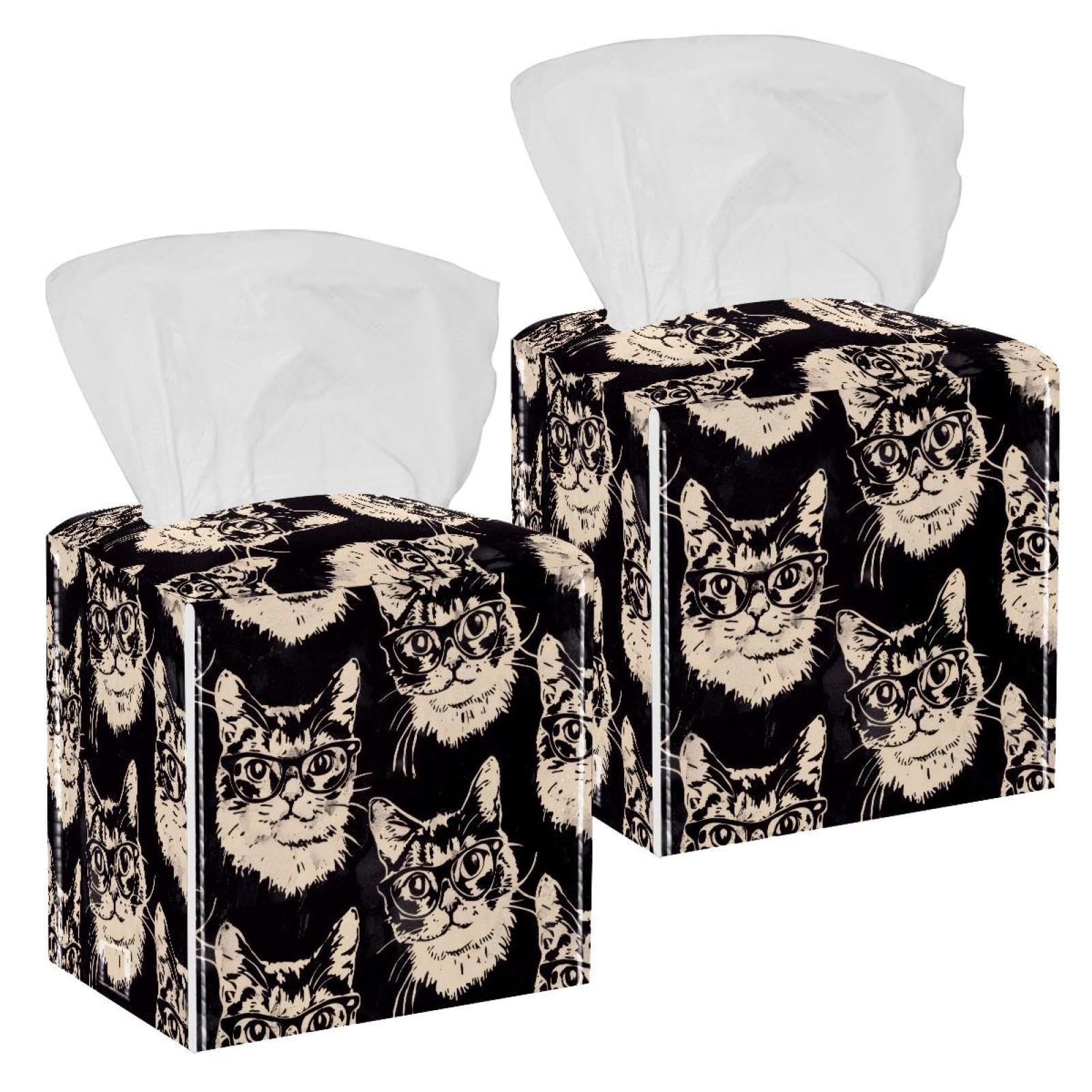 Cat Glasses Tissue Box Cover, 2 Pack PU Leather Square Facial Tissue Dispenser Box holder for Home Office Car