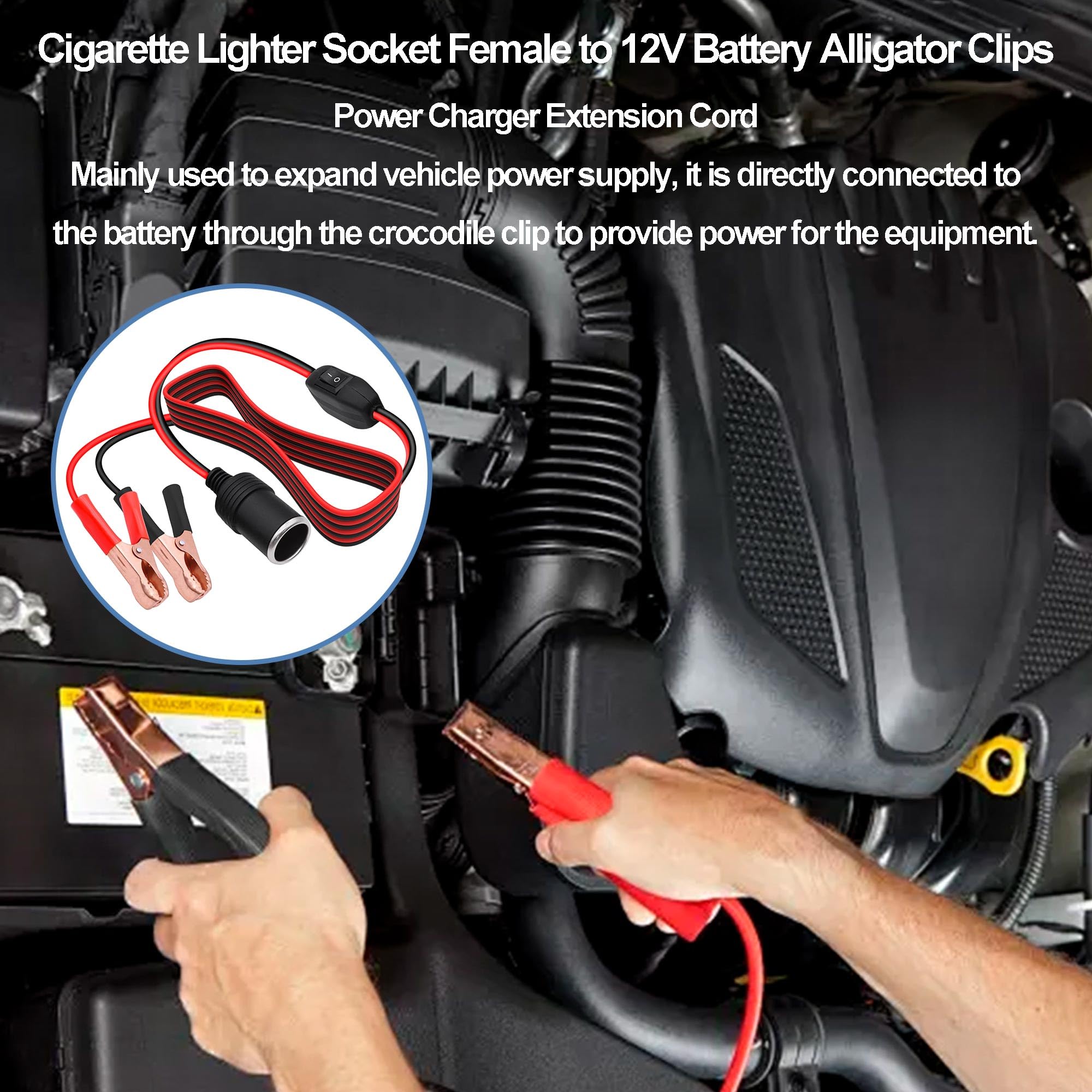 CybNemo Cigarette Lighter Socket to Alligator Clips Clamp Power Adapter Cable 12V/ 24V with Switch Cigarette Lighter Female with Automotive Battery Clip-On Extension Cord-2M/6.6FT : Automotive