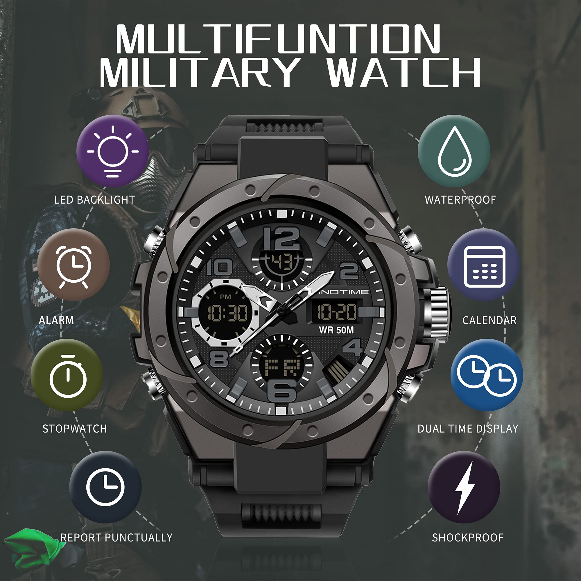 findtime Reloj deportivo digital militar para hombre, pantalla grande, resistente al agua, 5 ATM, con alarma, calendario, cronómetro, cronómetro, rojo, Negro , Militar