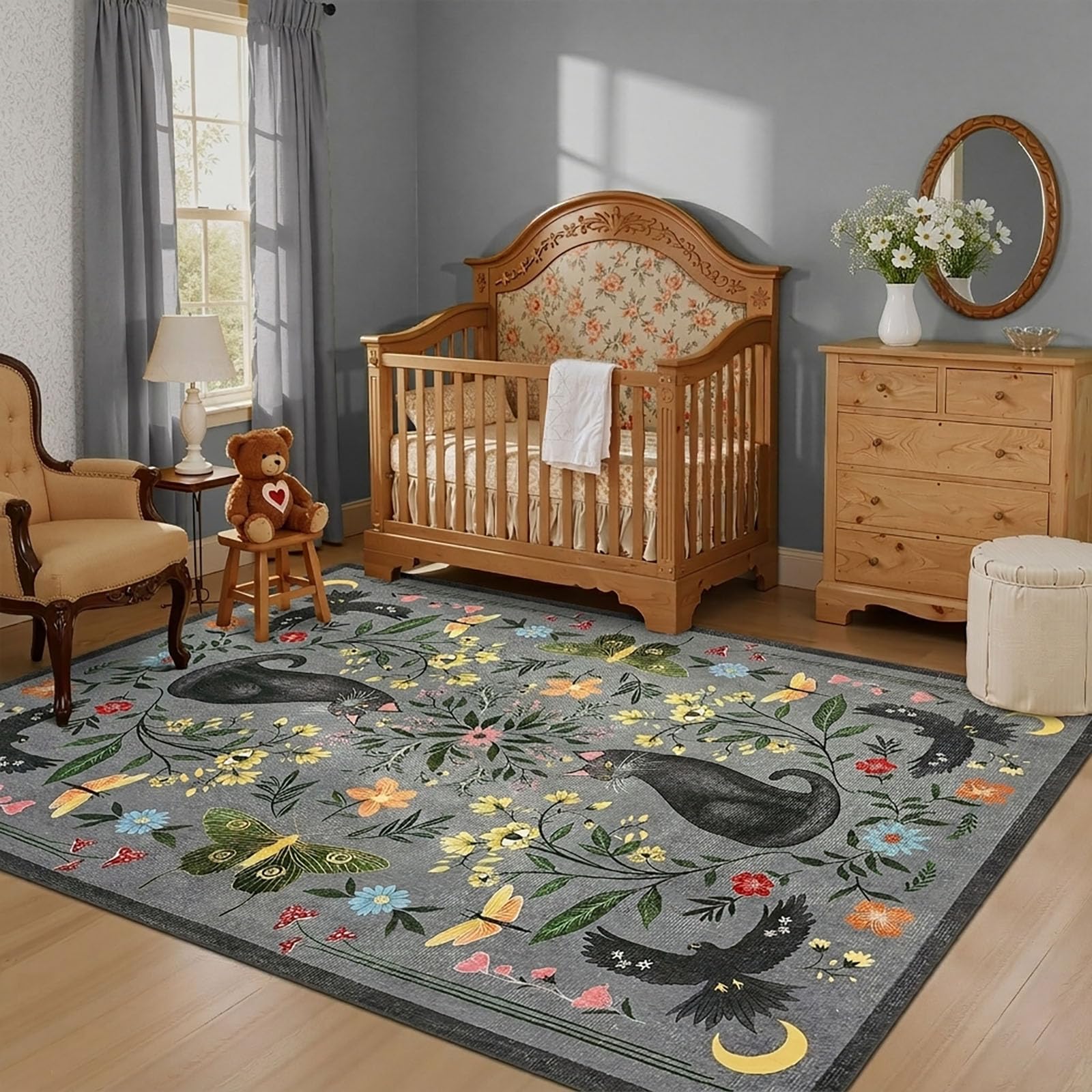 FairyStyle Cat Area Rug 120x170 cm, Animal Print Washable Rugs for Living Room, Low Pile Non Slip Floor Mat Soft Floral Throw Rug Indoor Carpet for Bedroom Dorm Playroom Gothic Decor, Grey, Grey — image 1