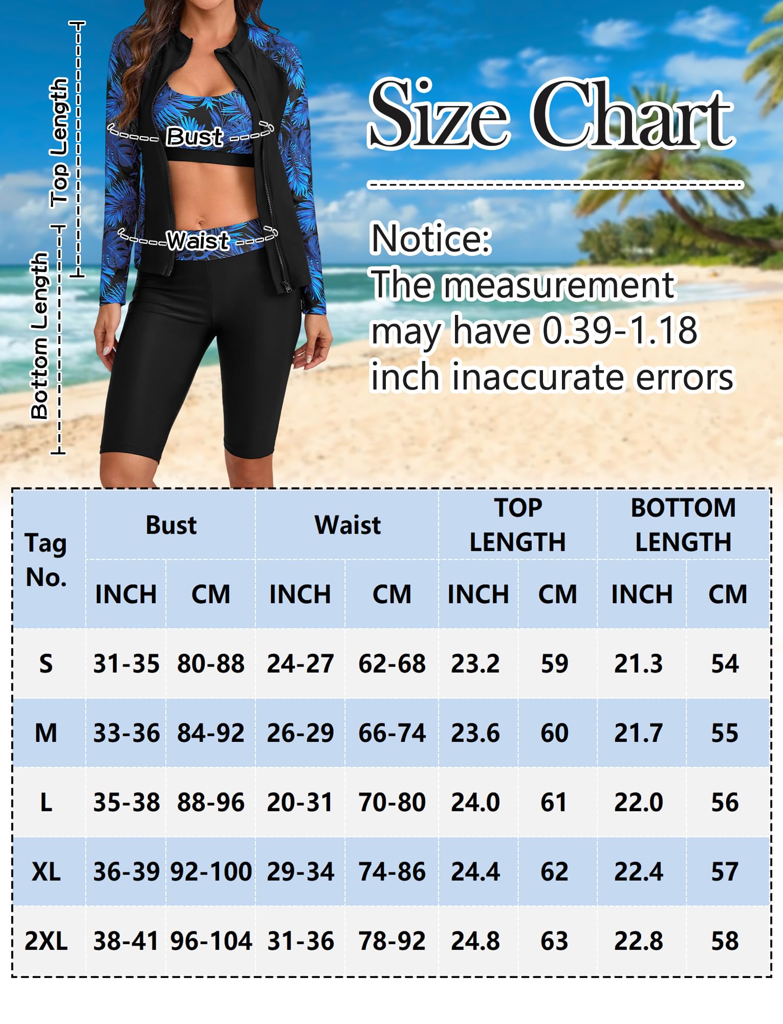 Maillots de Bain 3 Pièces Femme Rashguard Set Manches Longues avec Haut Tankini et Short pour Surf Plage Natation