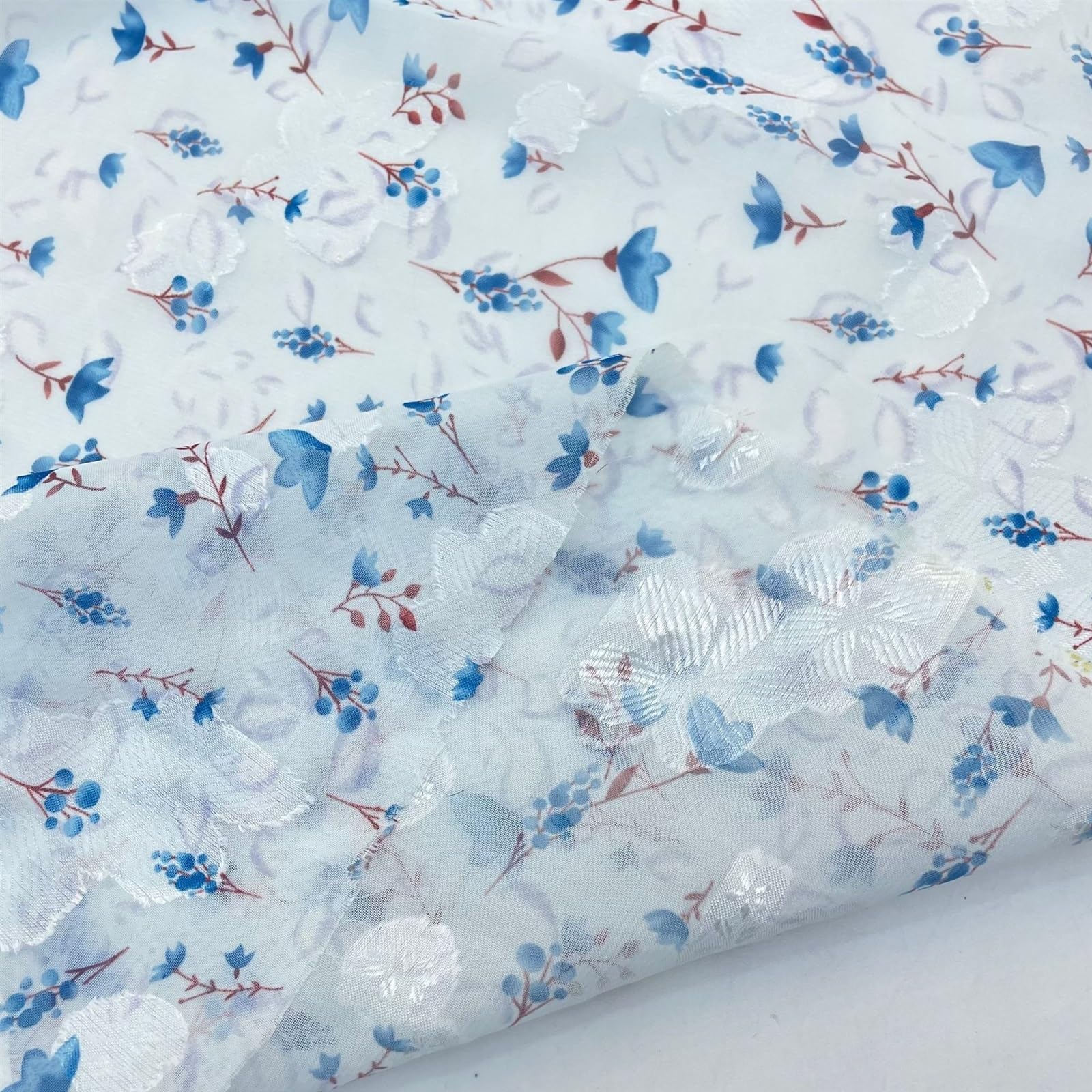 10 Yard Light Blue Flower Fabric, Floral Chiffon Fabric for Sewing Wedding Bridal Cloth DIY Crafts Supplies