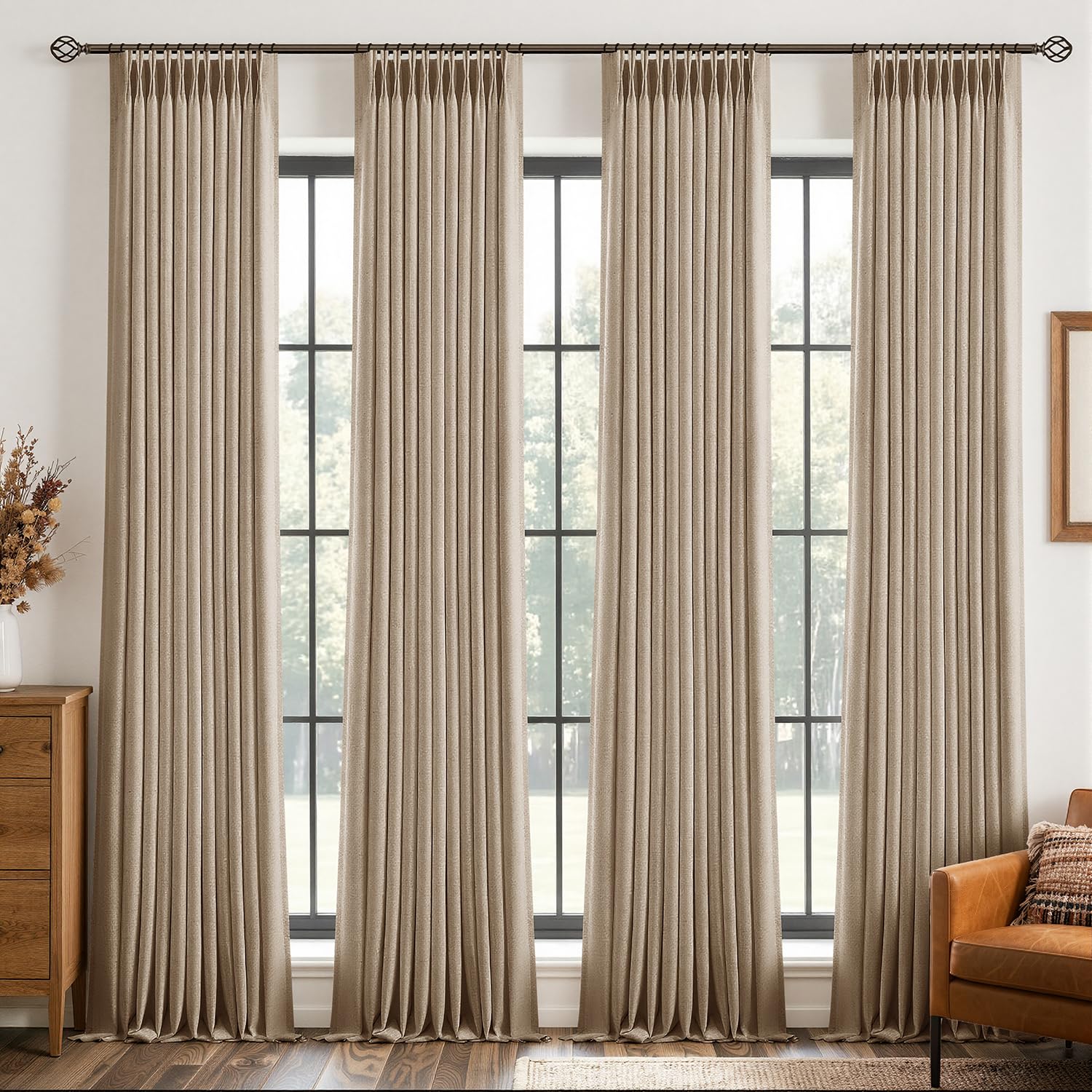 MIULEE 4 Panels Pinch Pleated Blackout Linen Curtains 40"x96" Copper Brown