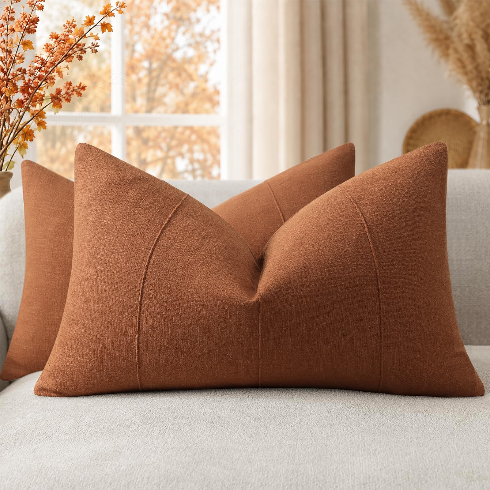 ZWJD Decorative Linen Cushion Covers 40x60 Set of 2 Solid Handcrafted Striped Throw Pillow Covers Soft Modern Farmhouse Neutral Cushion Covers for Sofa Bedroom Living Room Home Decor (Rust)