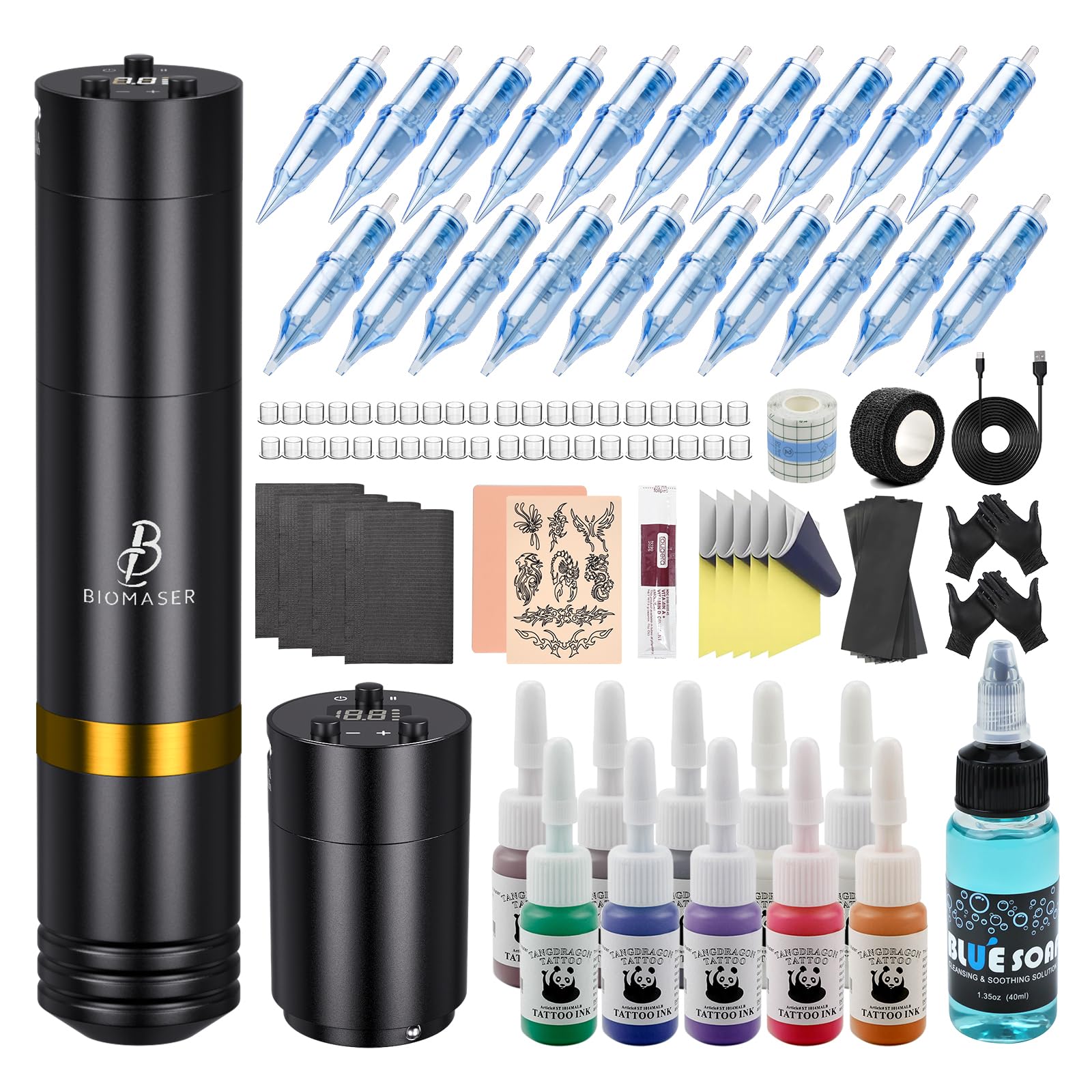 Biomaser Wireless Rotary Machine Kit Inalámbrica con 2 Baterías 1500mAh, 20 Agujas, 10 Botellas de Tinta para Principiantes y Artistas