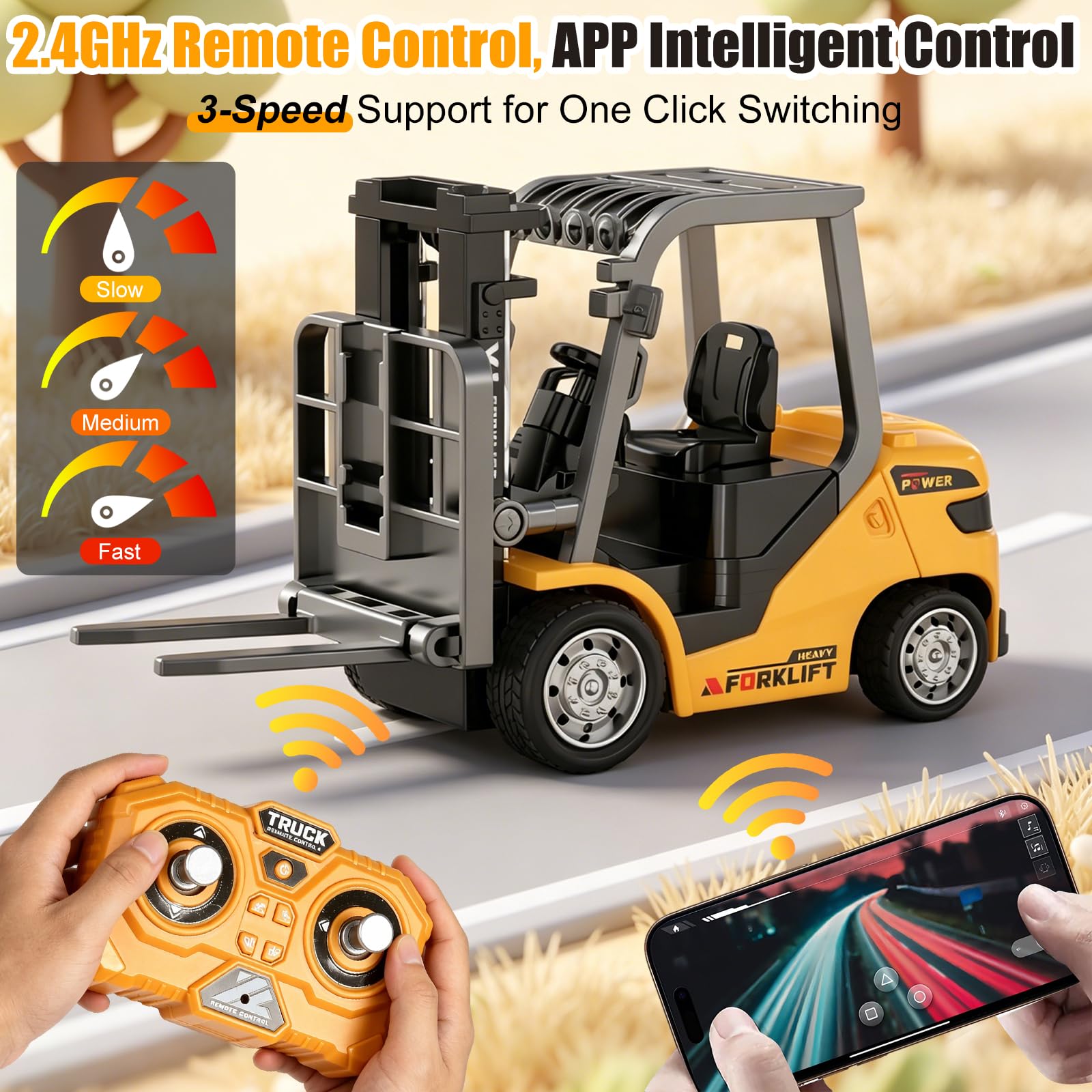 OBEST Mini RC Carretilla Elevadora de Metal, 1:64 2,4 GHz Juguetes para Vehículos de Ingeniería, Paleta/Gancho Colgante, Control de Aplicación, 3 Posiciones de Velocidad, luz y Sonido, Carga USB