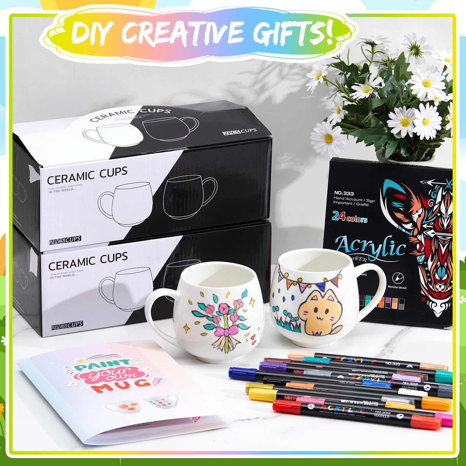 Geiserailie Set per Dipingere Tazze in Ceramica, Kit Fai da te per Dipingere Tazze, Il Set Include 6 Ceramica, 48 Pennarelli Acrilici Colorati, Doppia Punta e Istruzioni di Natale per Adulti