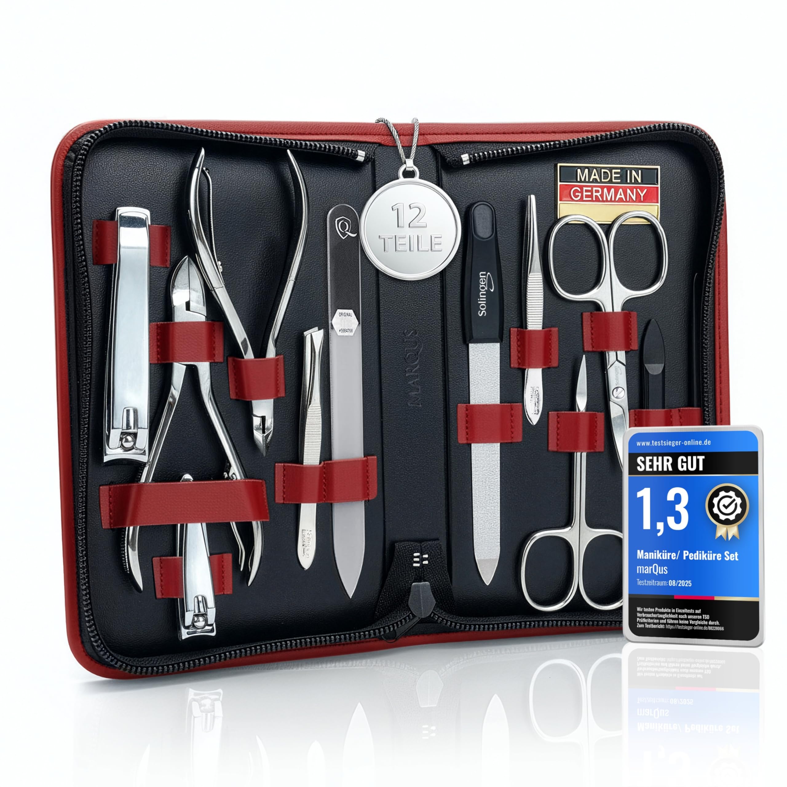 Solingen Manicure Set for women and men - 12 pcs kit - made in Germany incl. nail nippers, glass nailfile & pedicure tools - For natural, ceramic & painted nails, red