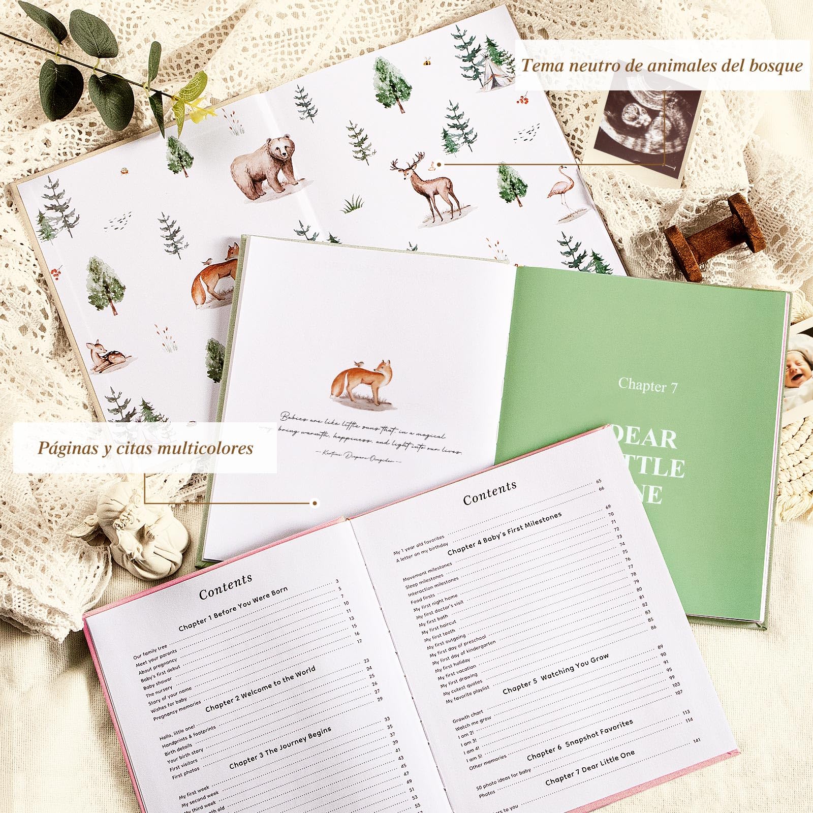 Lanpn Álbum Fotos Bebé Primer 5 Año para Niño Niña, The Story of Your Baby Memory Book, Libro Recuerdos Bebe, Baby's Journal Diario Recién Nacido Regalo (154 Páginas, Inglés, Verde)