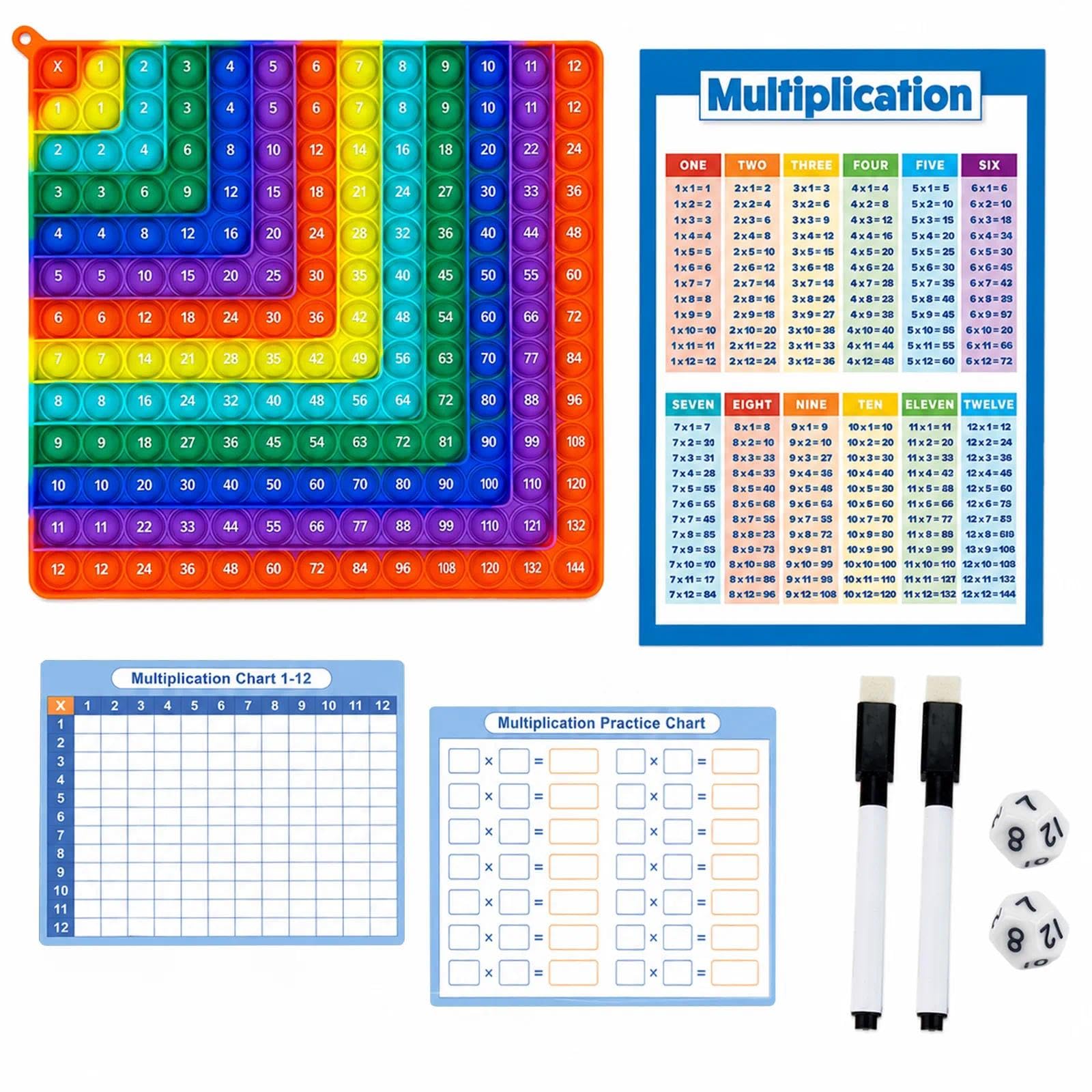 12x12 Multiplication Table Learning Board Set, Times Table Practice Mat with Reusable Sheets, Markers, Dice and Rainbow Maths Poster for Classroom and Home