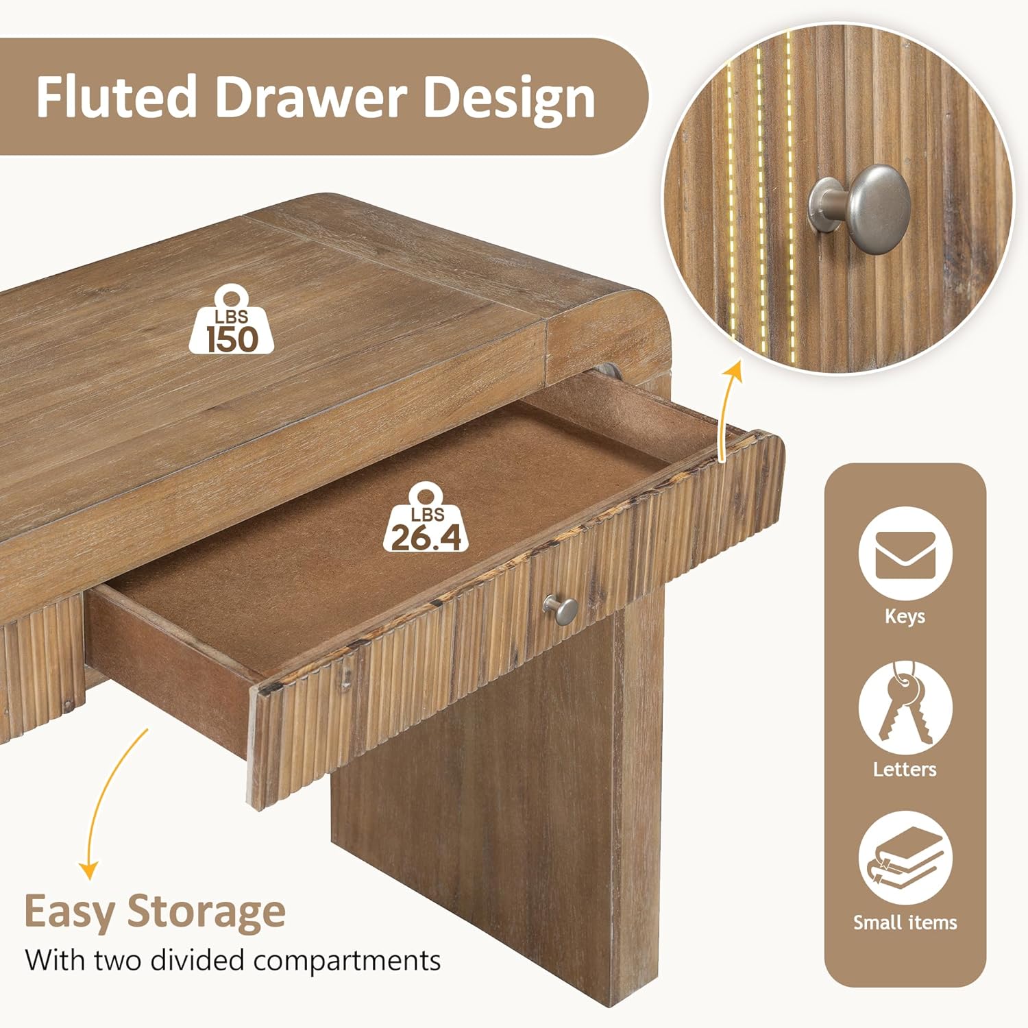 Rustic Console Table with Fluted Drawer Front,Sofa Table with Curved Corners & Thick Legs,for Entryway Hallway Living Room Bedroom (Natural#Drawer/)