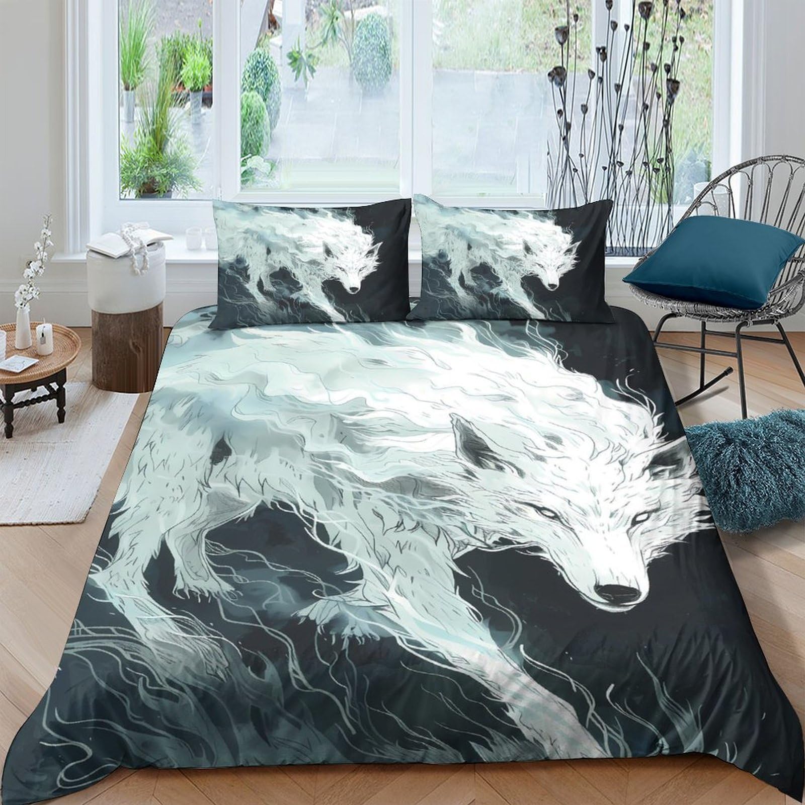 GPLZQXKJNH 3D Printed White Wolf Duvet Cover Microfiber Soft Breathable Forest Mist Bedding Set with 2 Pillowcases for Bedroom Decor Single（135x200cm）