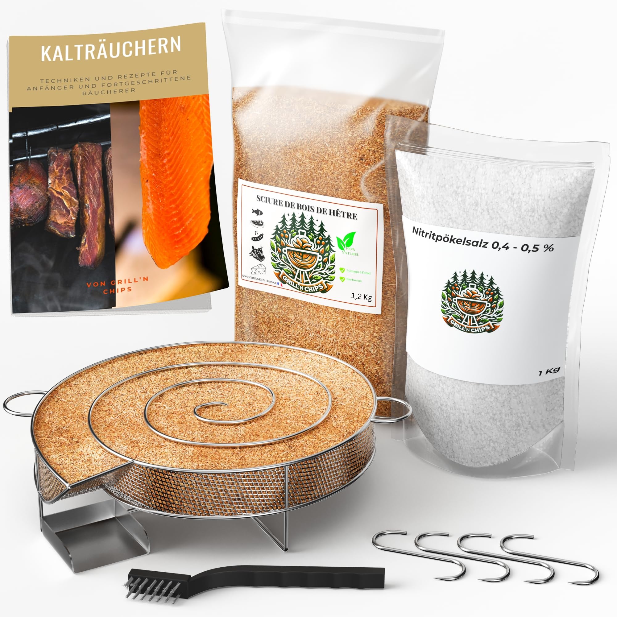 Kaltrauchgenerator/Räucherschnecke + 1,2 kg Räuchermehl Buche + 1 kg Nitritpökelsalz + 4 Haken & Bürste – Kalträucher-Set aus Edelstahl für Fleisch, Fisch, Speck, Wurst – Inkl. Gratis PDF-Ratgeber