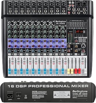 12 Channel Bluetooth Professional Audio Mixer DJ Sound Console USB MP3 Recording 10 XLR Microphone Jack 7 Band EQ 48V Phantom Power Stereo 16-BIT Digital Multi FX Processor (BR-124MX)