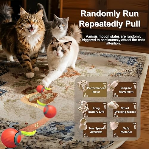 Miniatura 2 de Pelota interactiva para gatos de interior, juguete automático de doble velocidad con 90 minutos de tiempo de funcionamiento, felpa + cola de plumas,