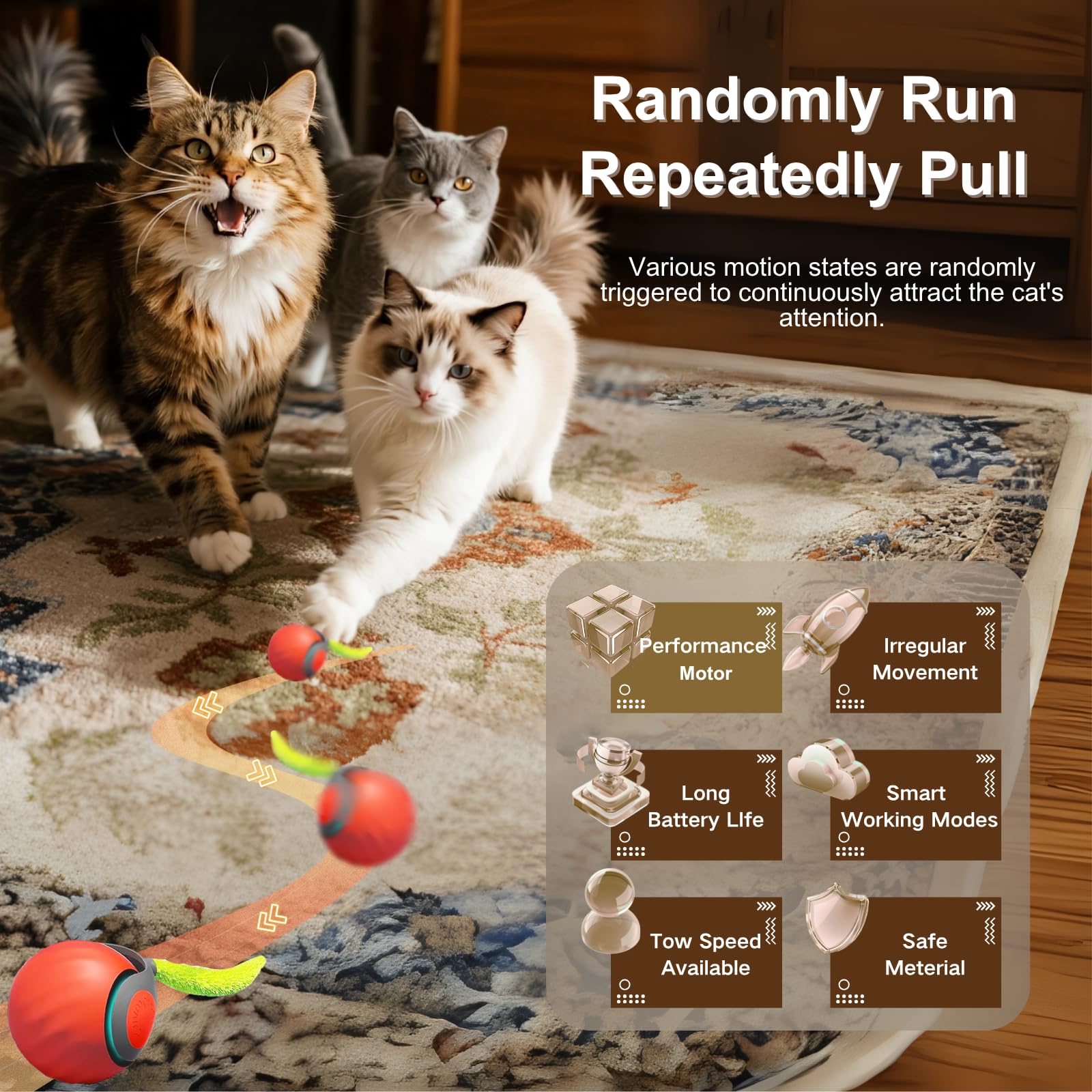 interactive cat ball for indoor cats - dual-speed automatic rolling ball toy with 90min run time, plush + feather tails, energetic cat chase exercise, blue/orange, 1pc