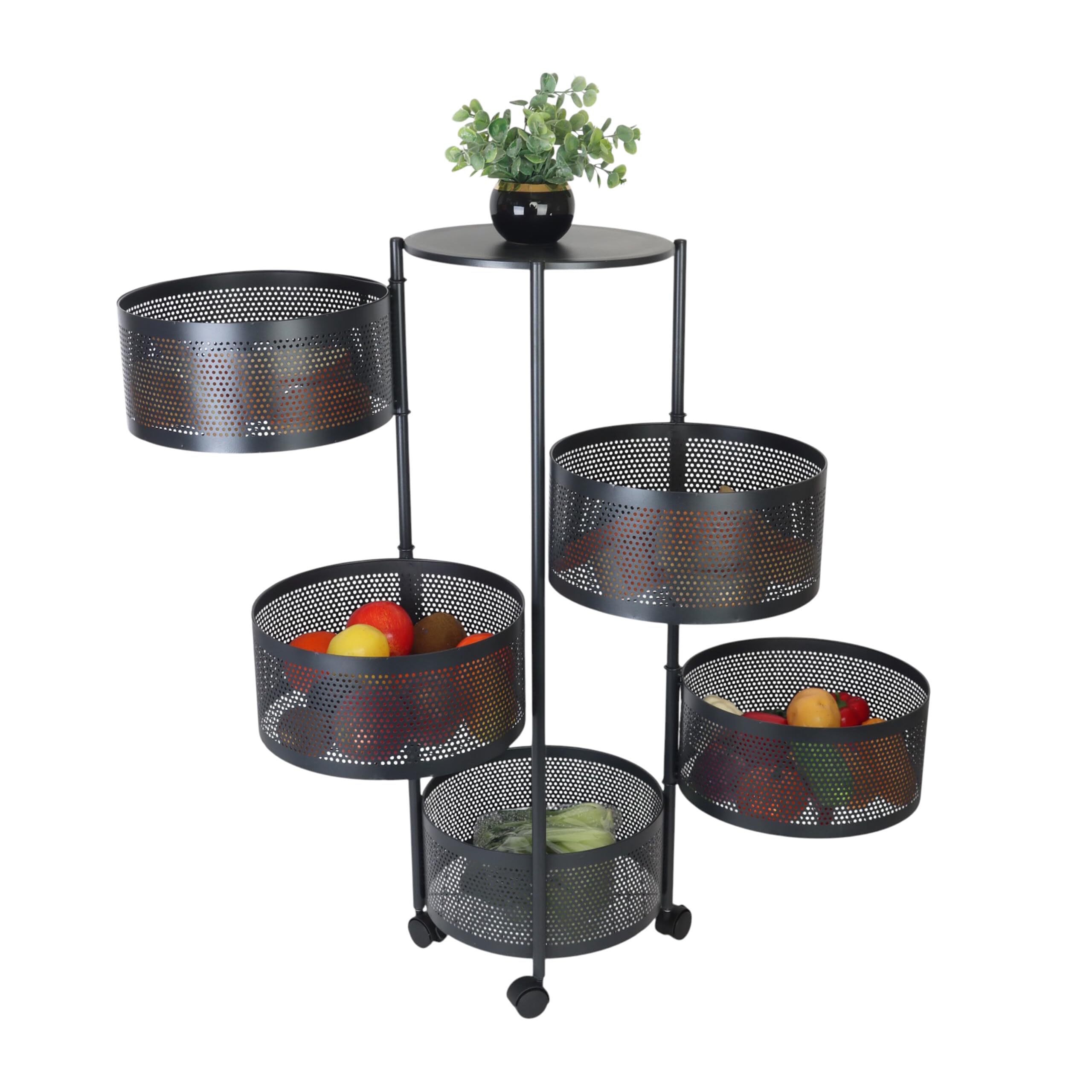 Chariot de Cuisine Relaxdays, 5 Compartiments, H x P : 90 x 34 cm, métal, 2 Freins, Chariot Noir