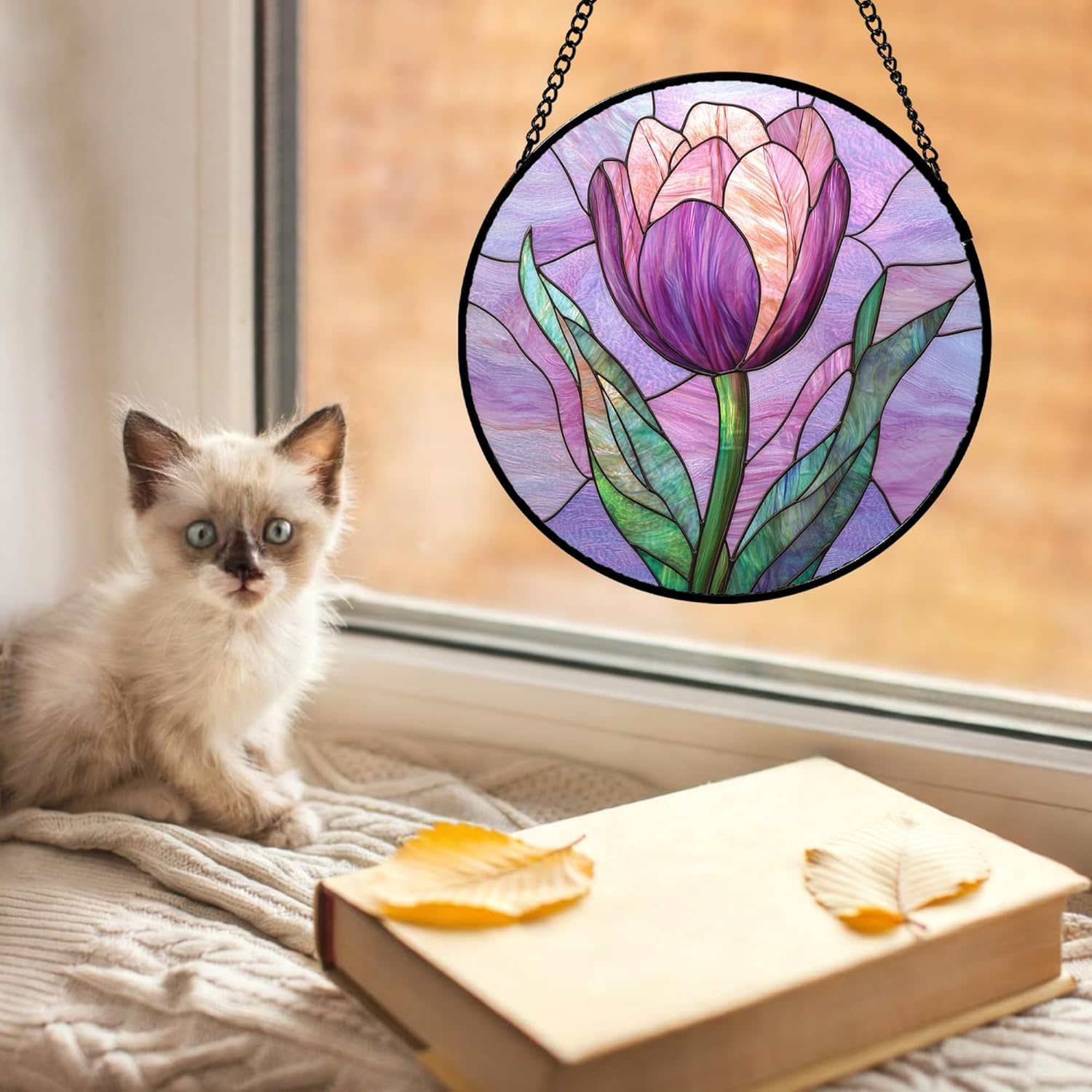 DASTOLL Stained Glass Window Hanging Purple Tulips Flower 7.8" - Suncatcher Door Garden Sun Catcher Home Decor Birthday Mother's Day for Mom Men Woman Parents Her Nana Friend